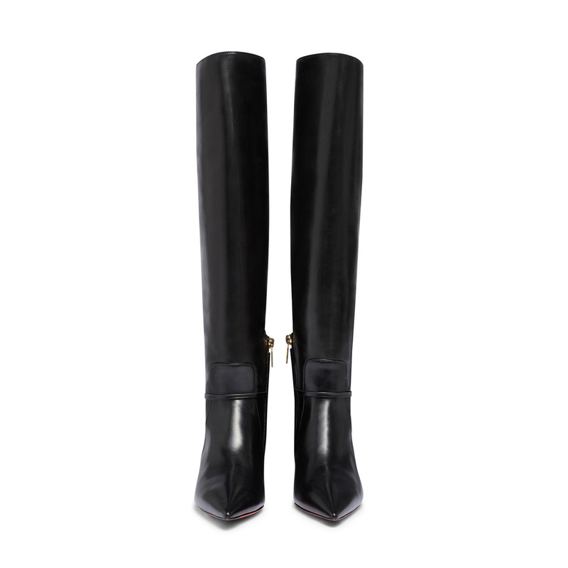Women's black leather mid-heel boot 5