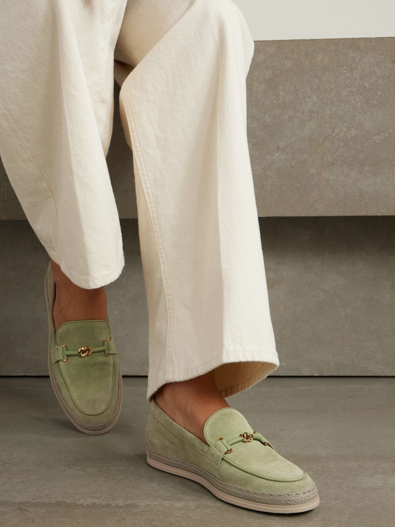 Gomma embellished leather and raffia-trimmed suede loafers Sage green - 2