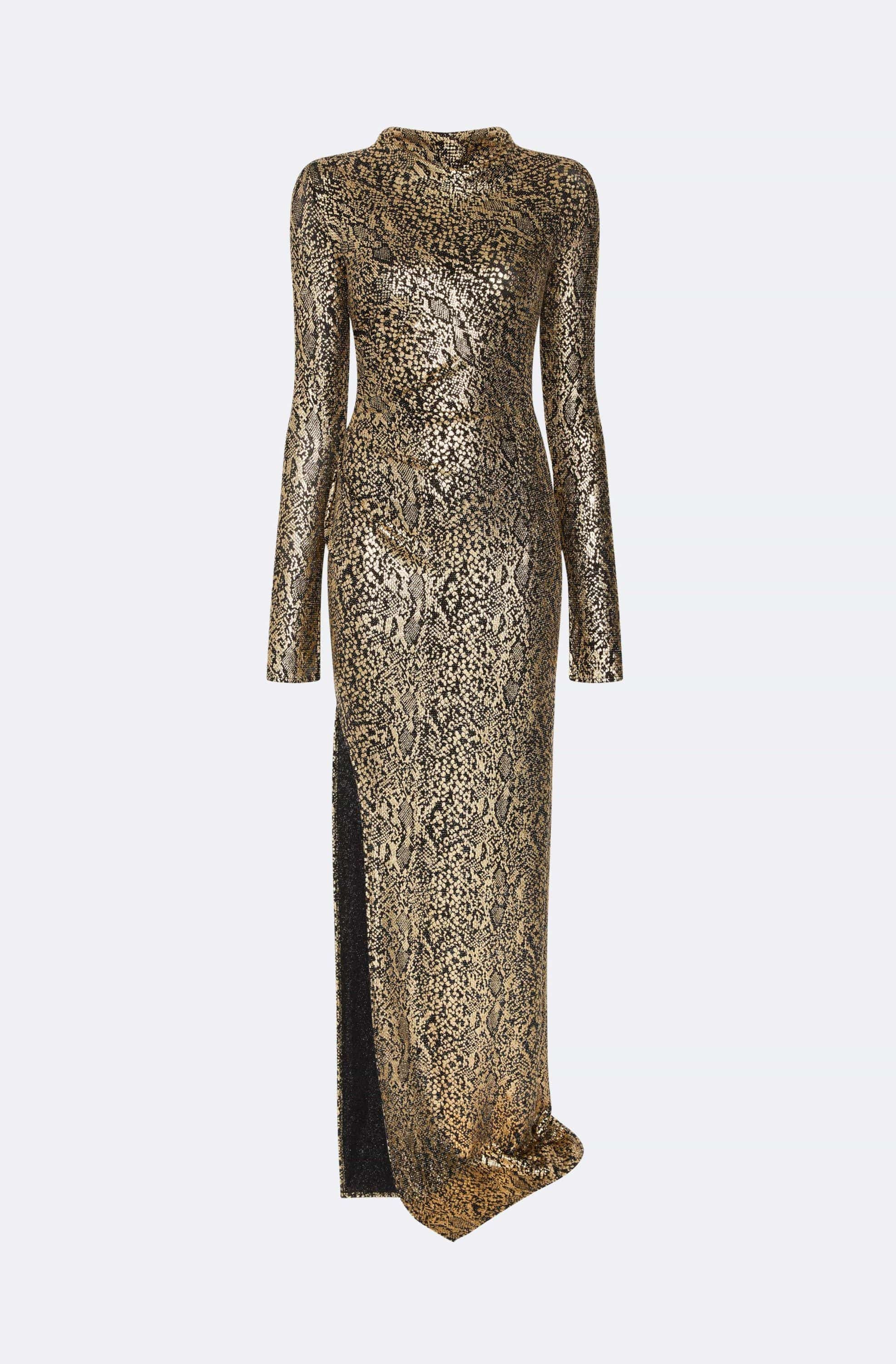 Metallic Snake Jersey Long Sleeve Ruched Gown - 2