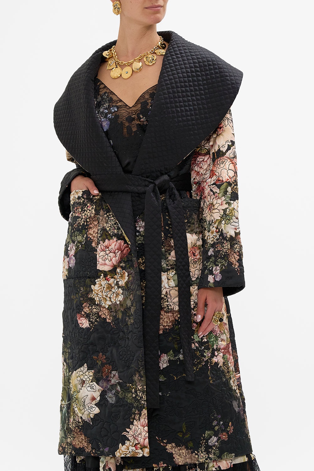 QUILTED LONG WRAP COAT - 5
