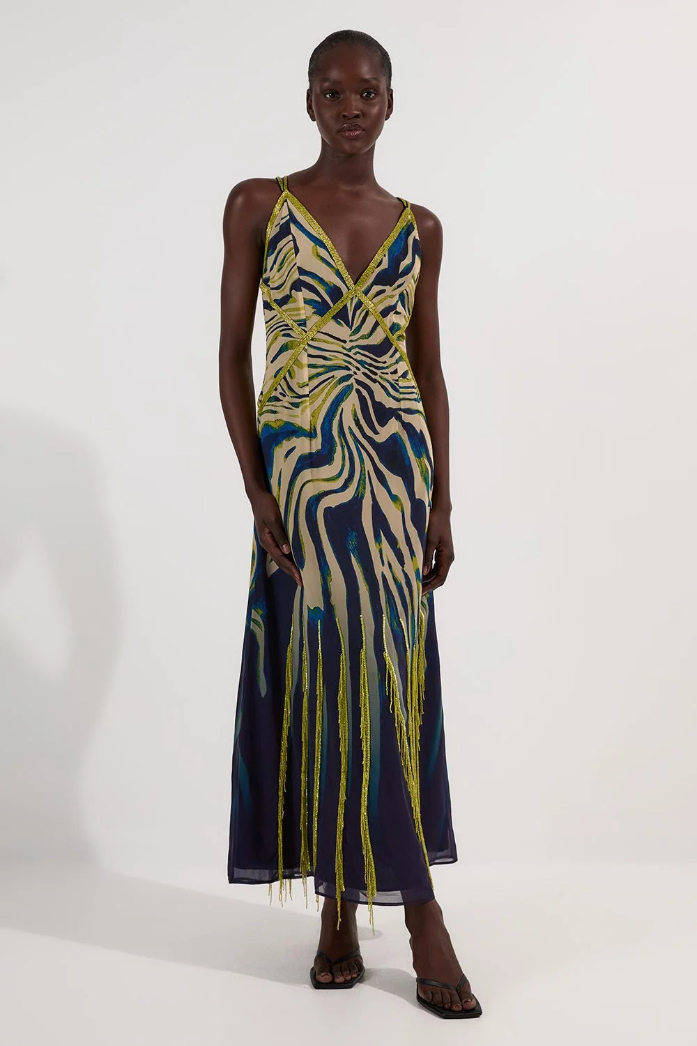 Animal Print Georgette Embellished Strappy Woven Maxi Dress - 1