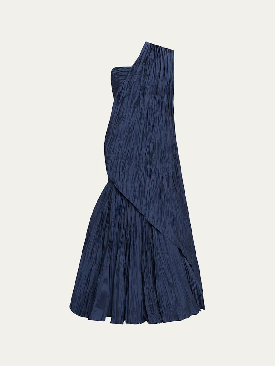 One-Shoulder Drape Pleated Satin Trumpet Gown - 1