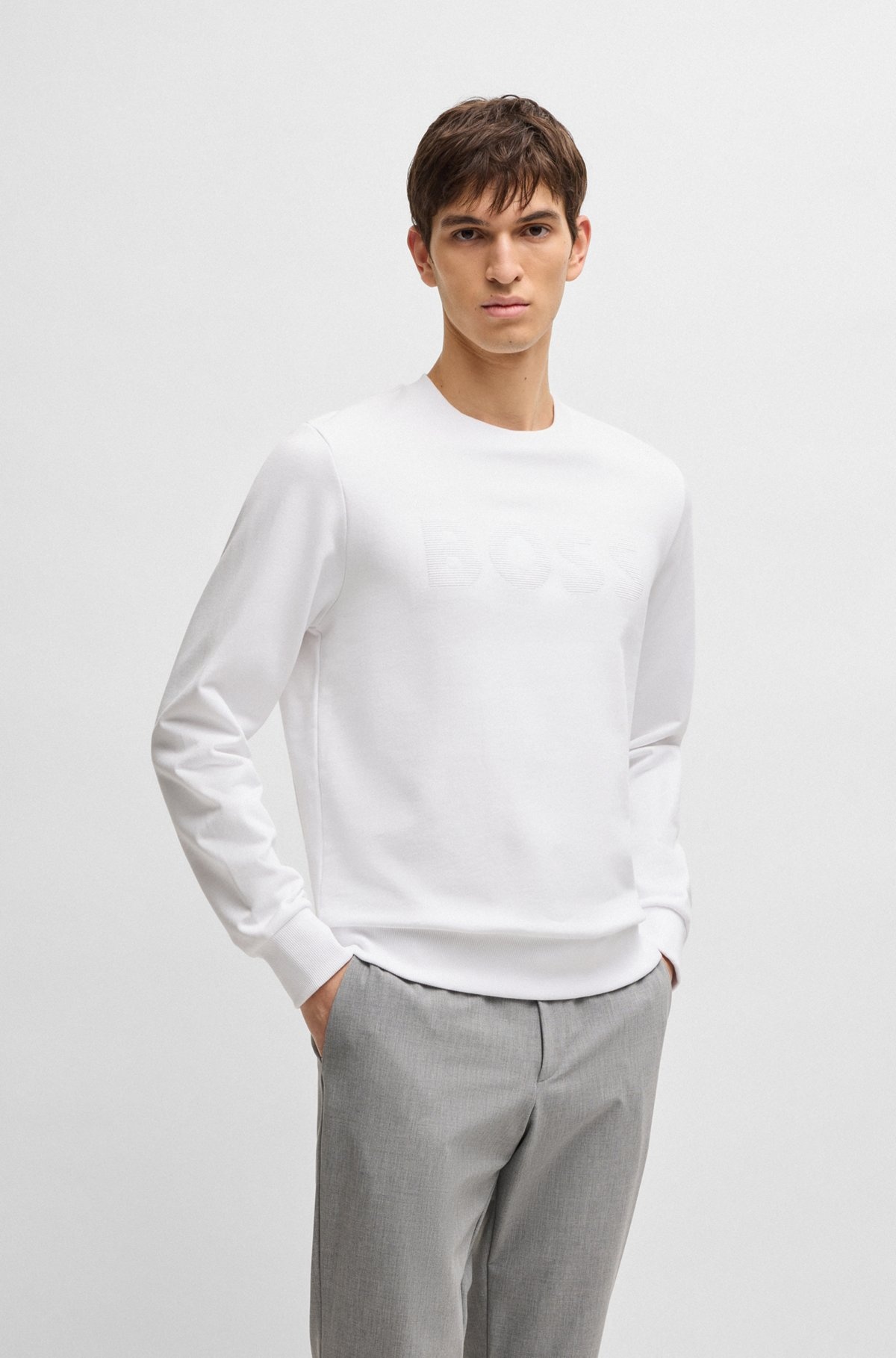 【THOMBROWNE】 white cotton sweatshirt （関税送料込） BOSS COTTON-TERRY SWEATSHIRT WITH LOGO DETAIL | REVERSIBLE