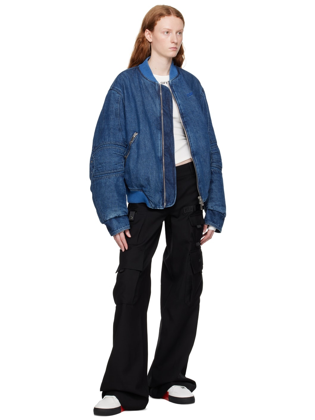 Blue Paneled Denim Bomber Jacket - 4