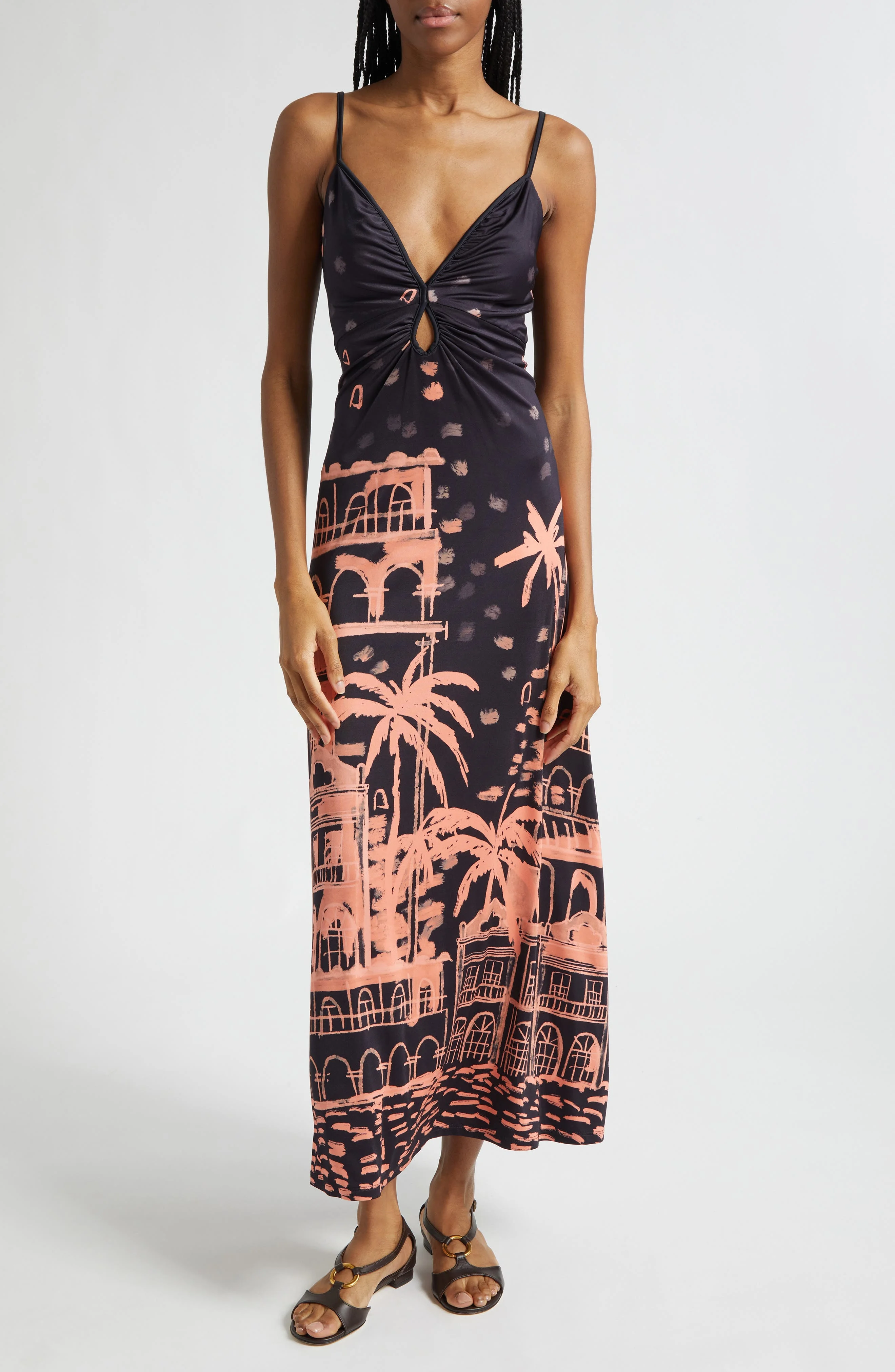 Johanna Ortiz Nuestra Tierra Landscape Print Cutout Shiny Jersey Dress in Black /Peach at Nordstrom - 1
