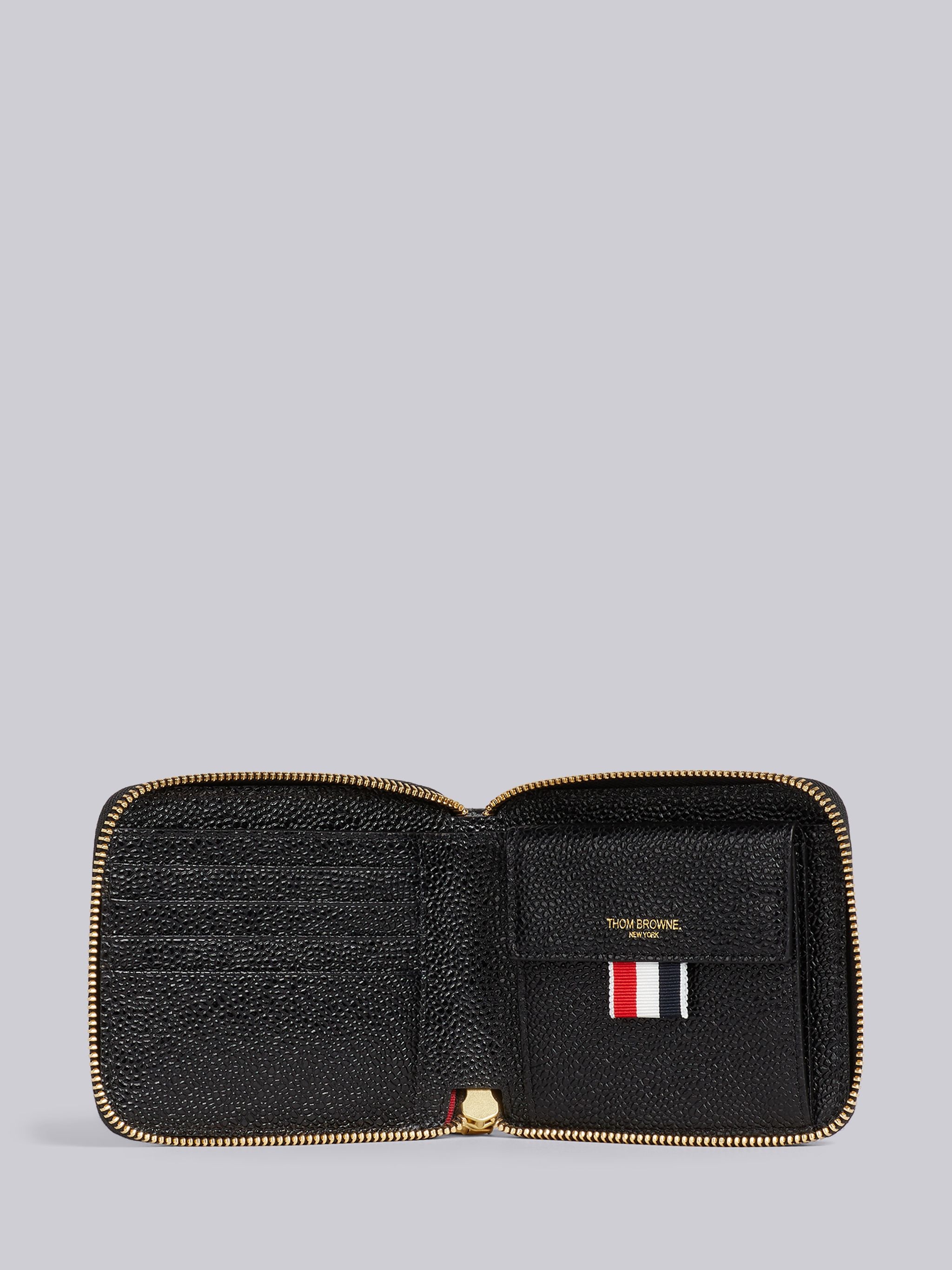Black Pebble Grain Leather Debossed 4-Bar Compact Zip Wallet With Strap - 3