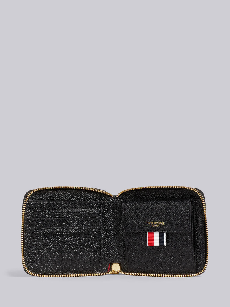 Black Pebble Grain Leather Debossed 4-Bar Compact Zip Wallet With Strap 3