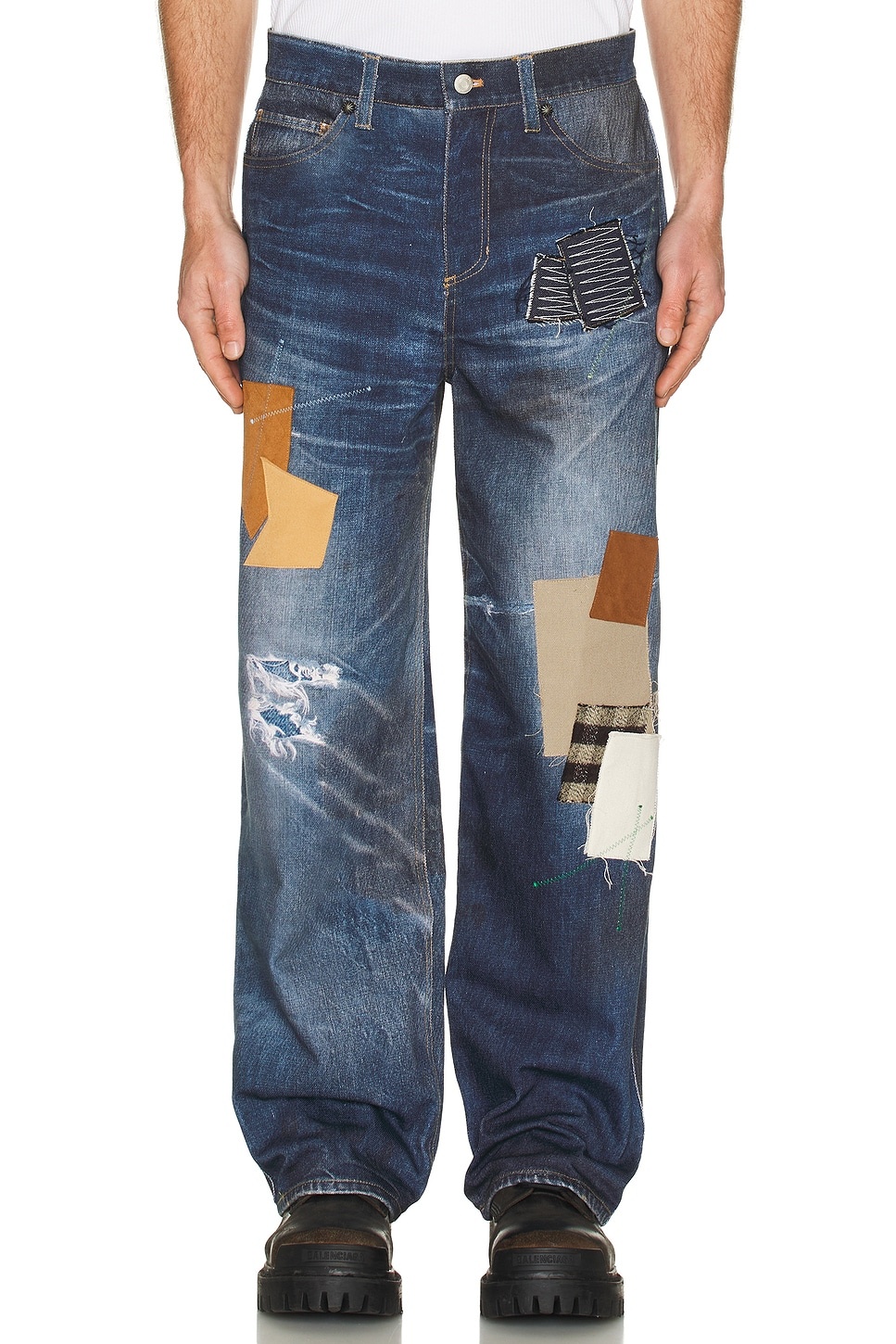 Unisex Patchwork Printed Denim Trompe L`Oeil Jeans - 3