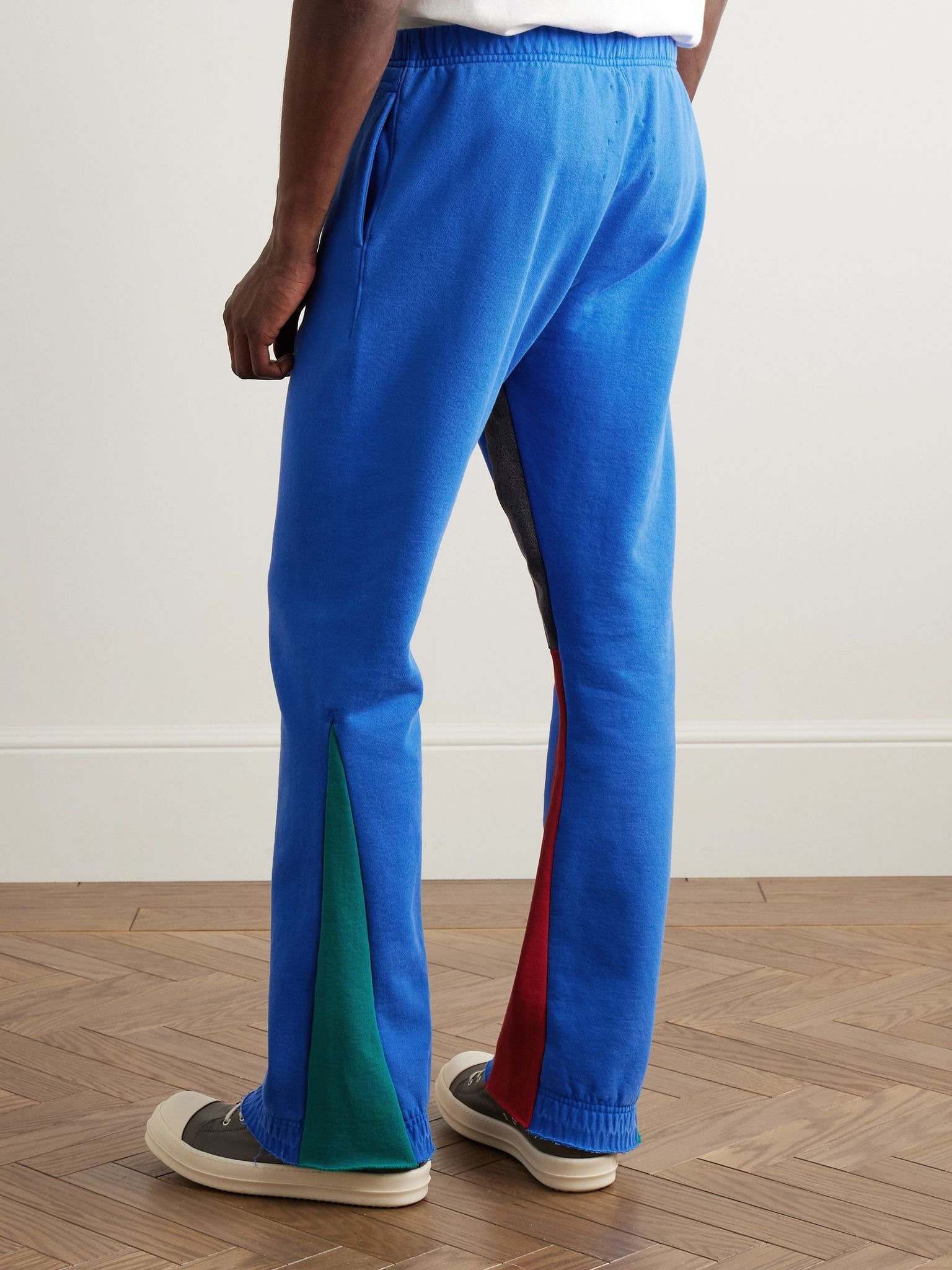 Flared Denim-Panelled Logo-Print Cotton-Jersey Sweatpants Blue - 4