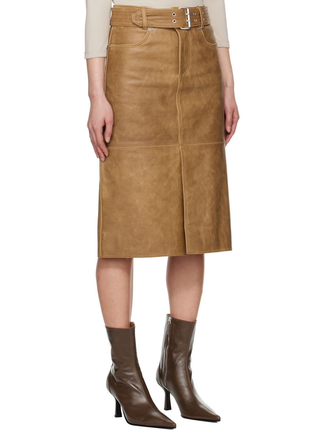 Tan Workwear Leather Midi Skirt - 2