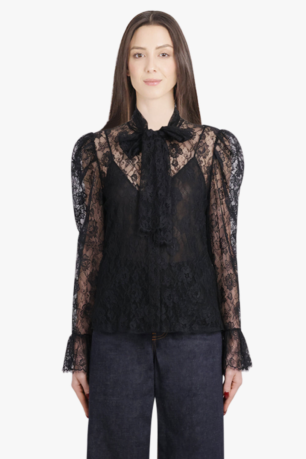JACQUARD FLORAL LACE NECK TIE BLOUSE | BLACK - 3