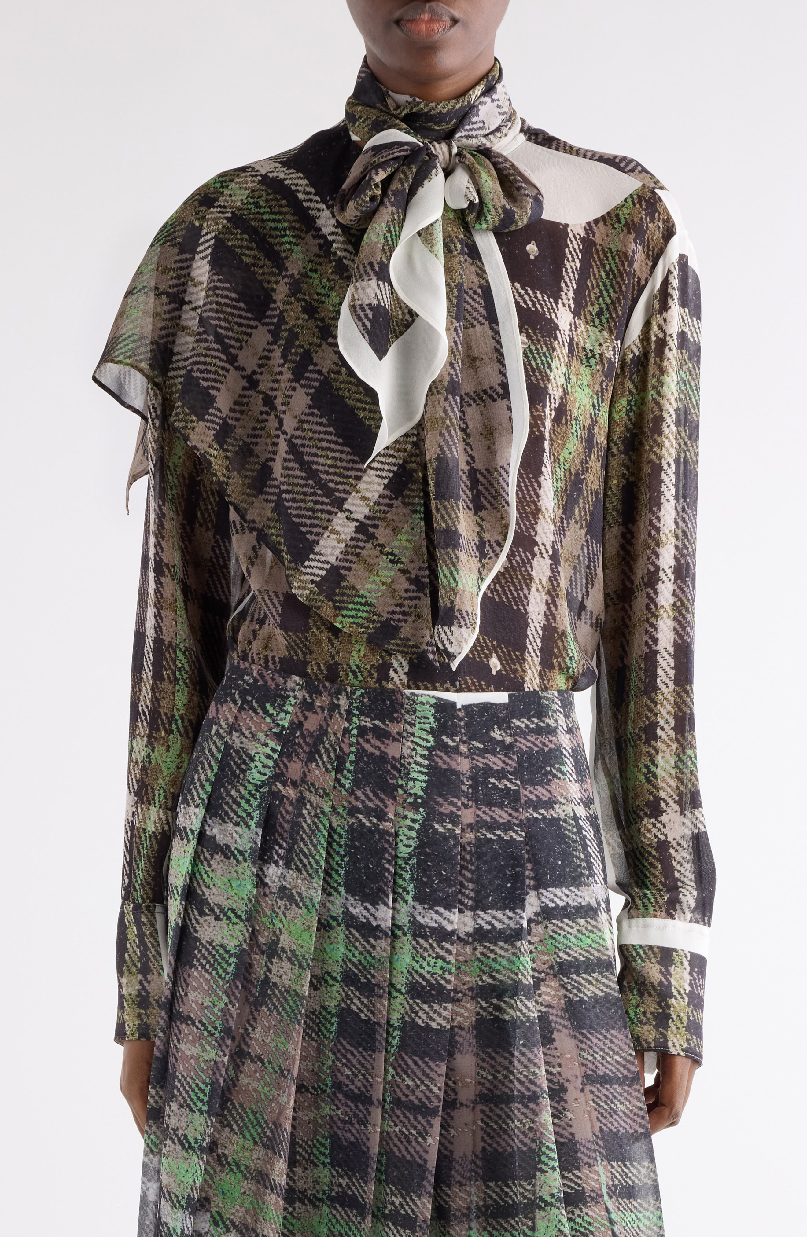Acne Studios Senelle Plaid Silk Shirt in Green/Grey at Nordstrom - 1