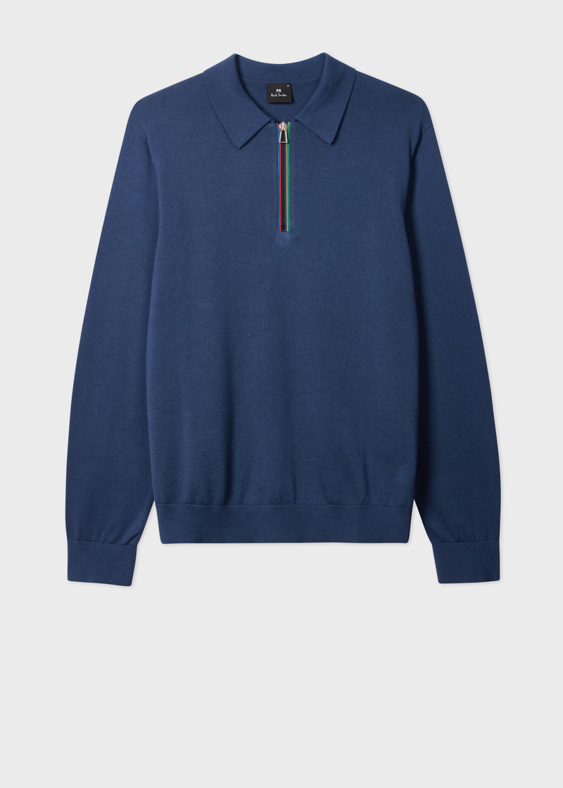 Mid Blue 'Sports Stripe' Zip-Neck Long-Sleeve Polo Shirt 1