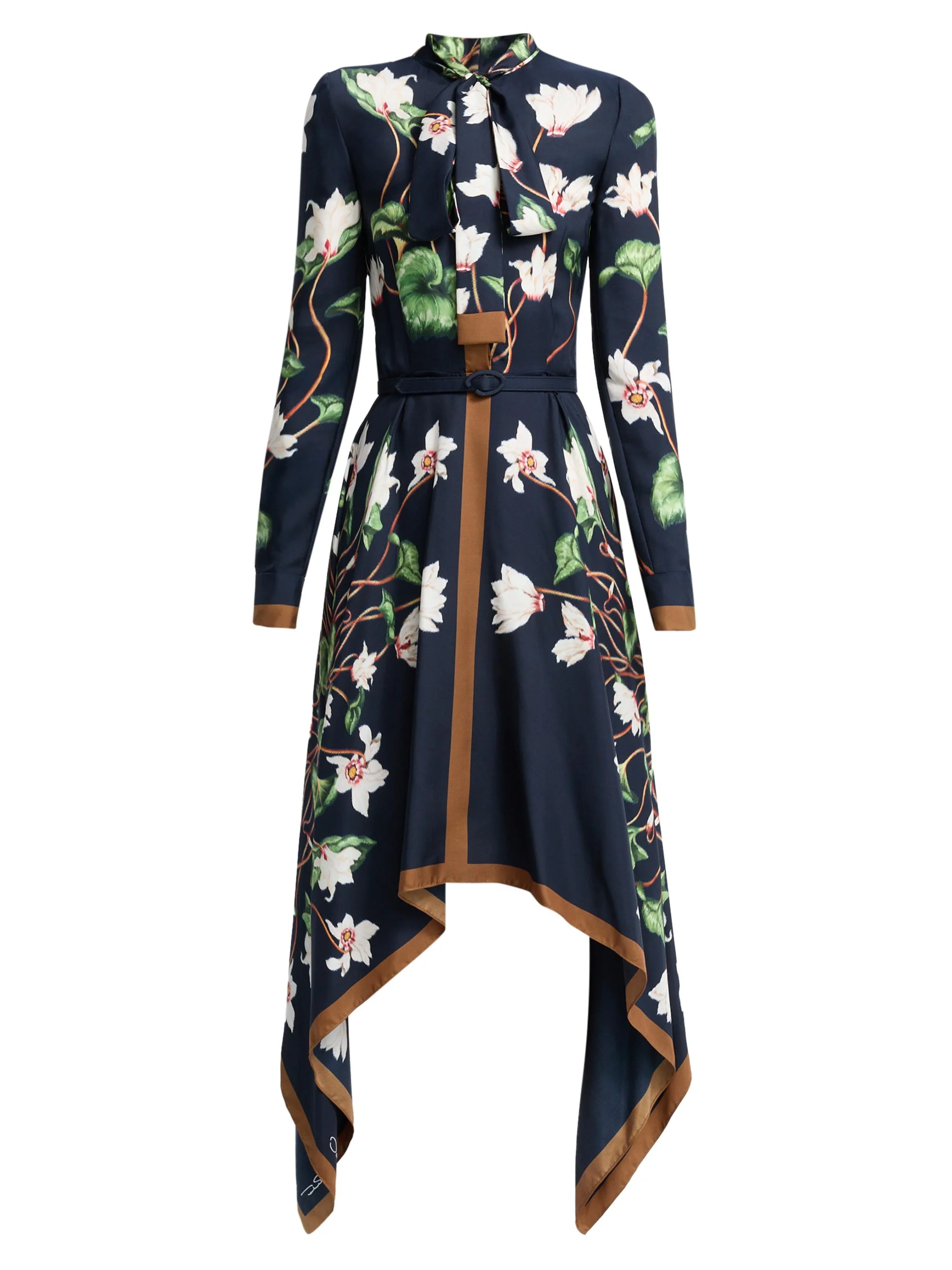 Women's Chine Cyclamen Silk Asymmetric Day Midi-Dress - Navy Multi - 1