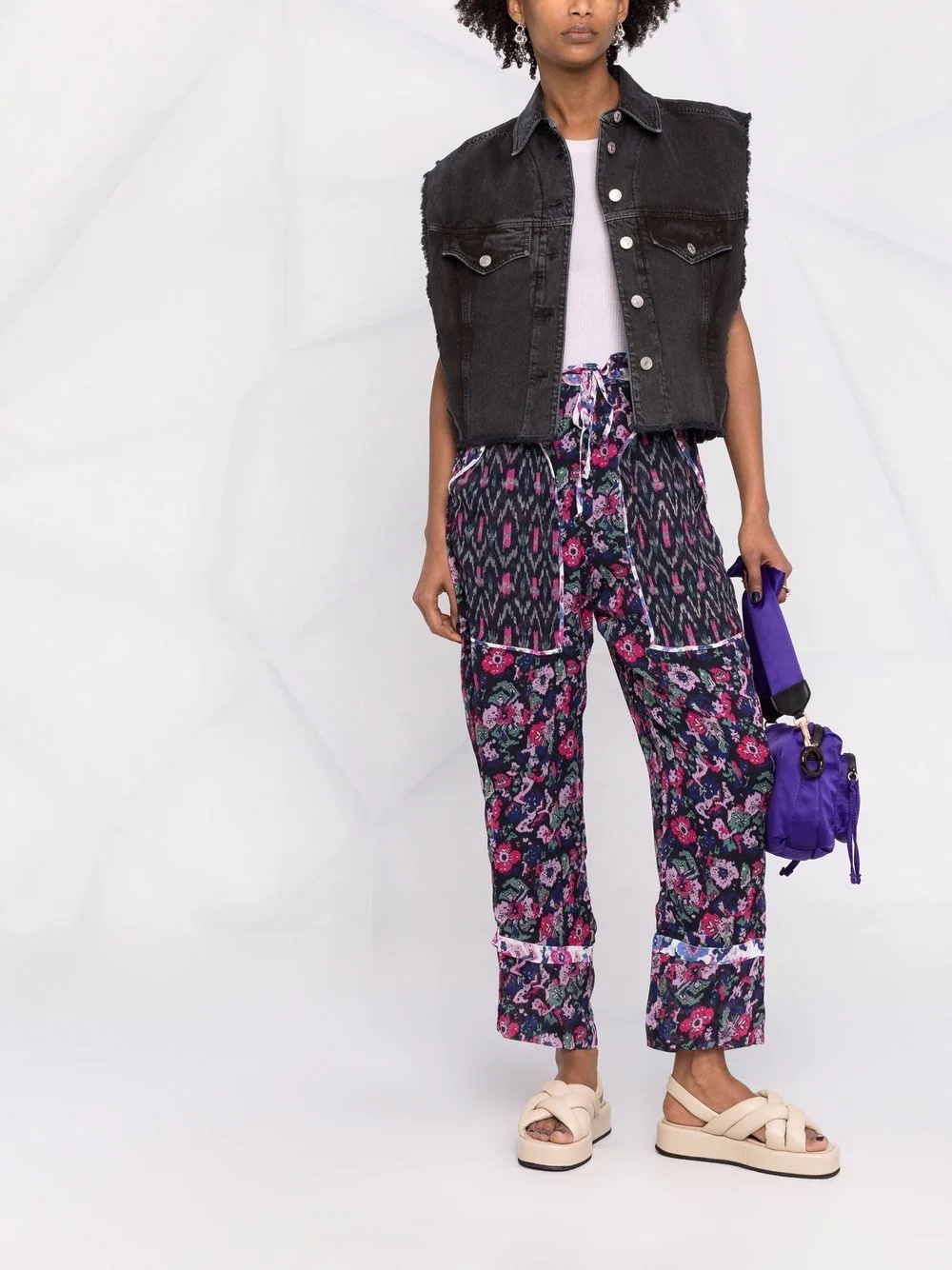 mix-print straight-leg ankle trousers - 2