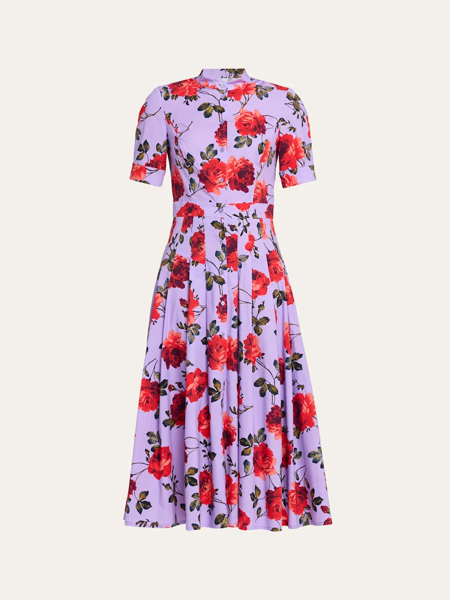Carnation-Print Short-Sleeve Pleated Midi Shirtdress - 1