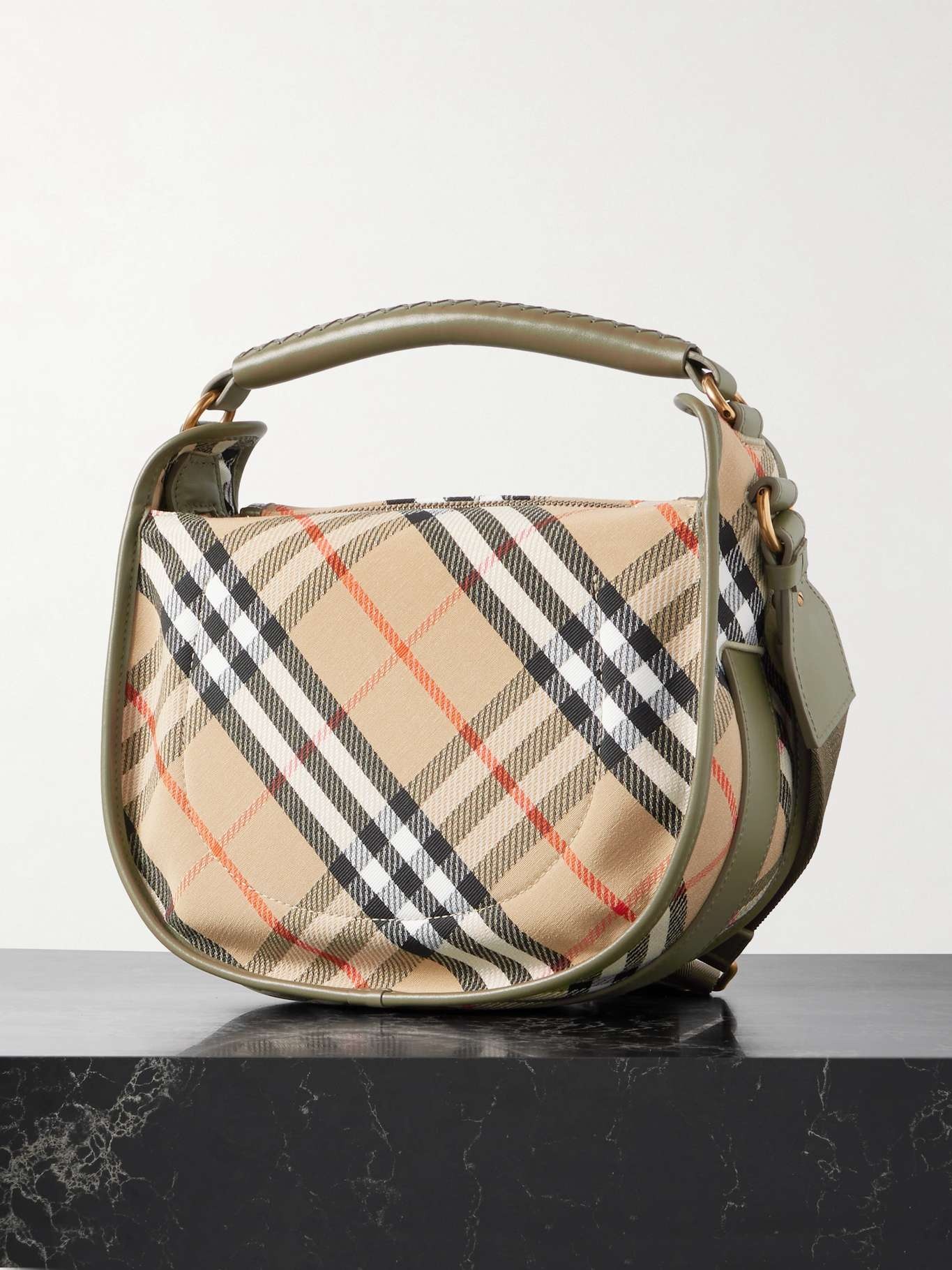 Small leather-trimmed checked canvas shoulder bag Beige - 3