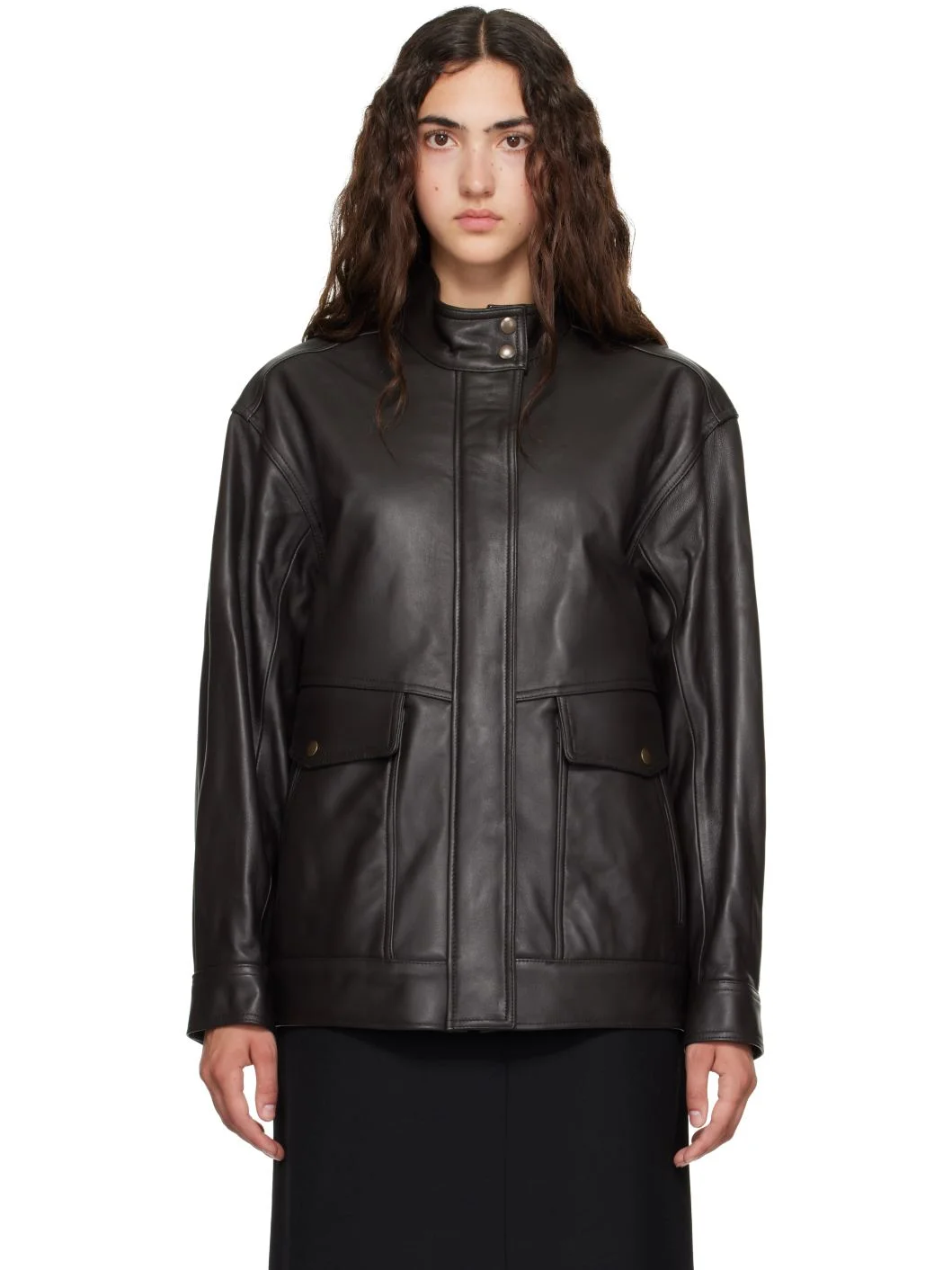 Brown High-Neck Leather Zip Jacket - 1