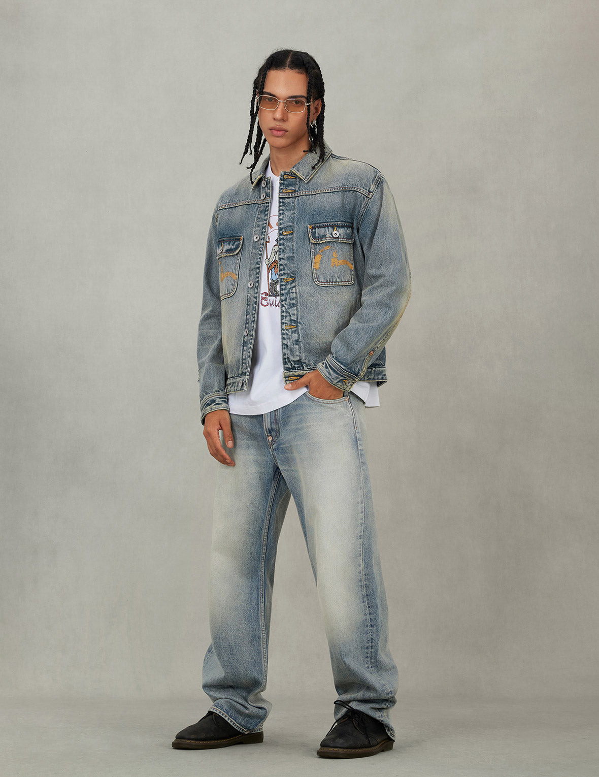 Distressed Seagull Print and Frayed Logo Patch Embroidery Relax Fit Denim Jacket - 5