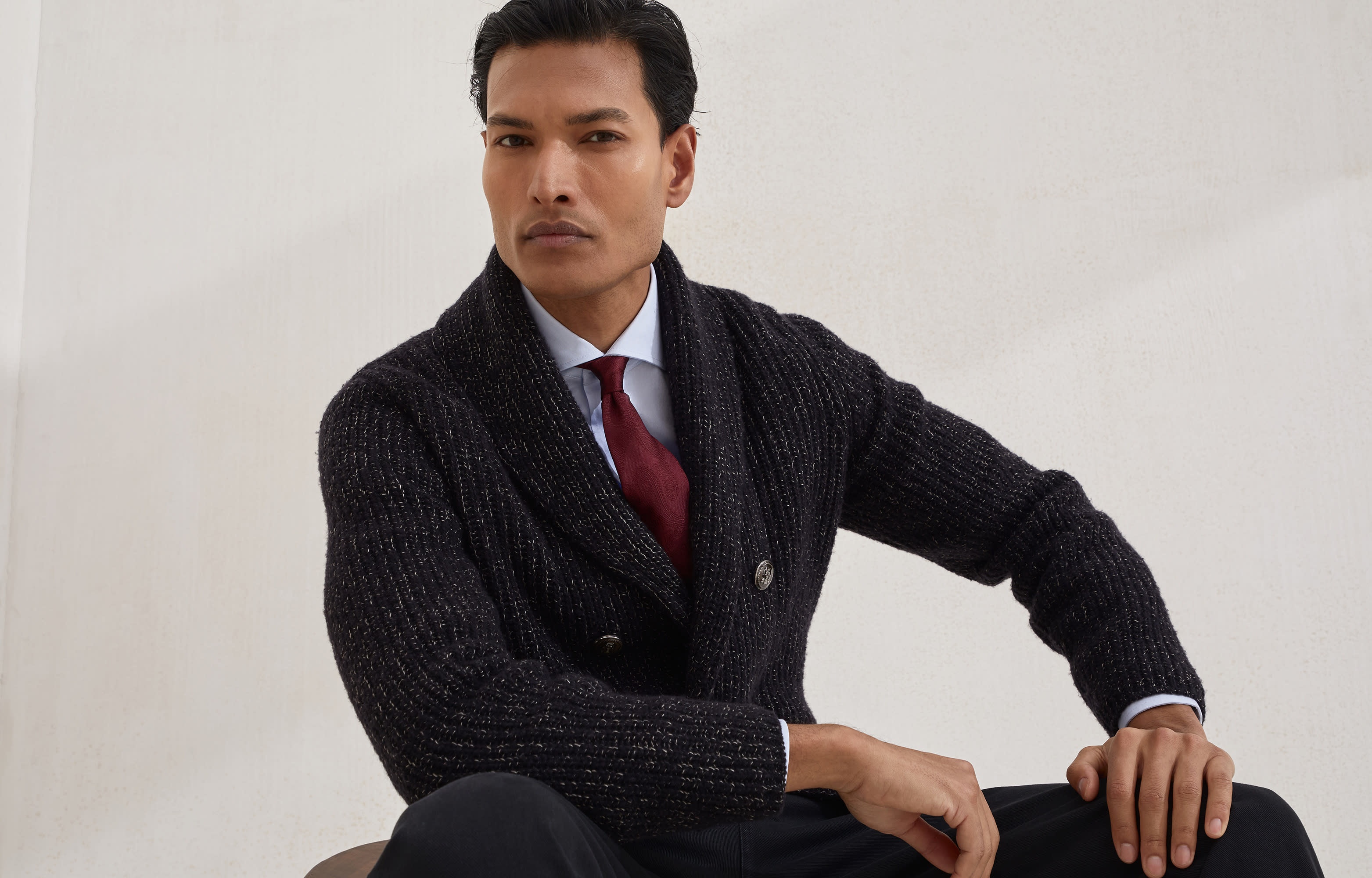 Mouliné virgin wool, silk and cashmere half English rib one-and-a-half breasted cardigan with metal  - 6