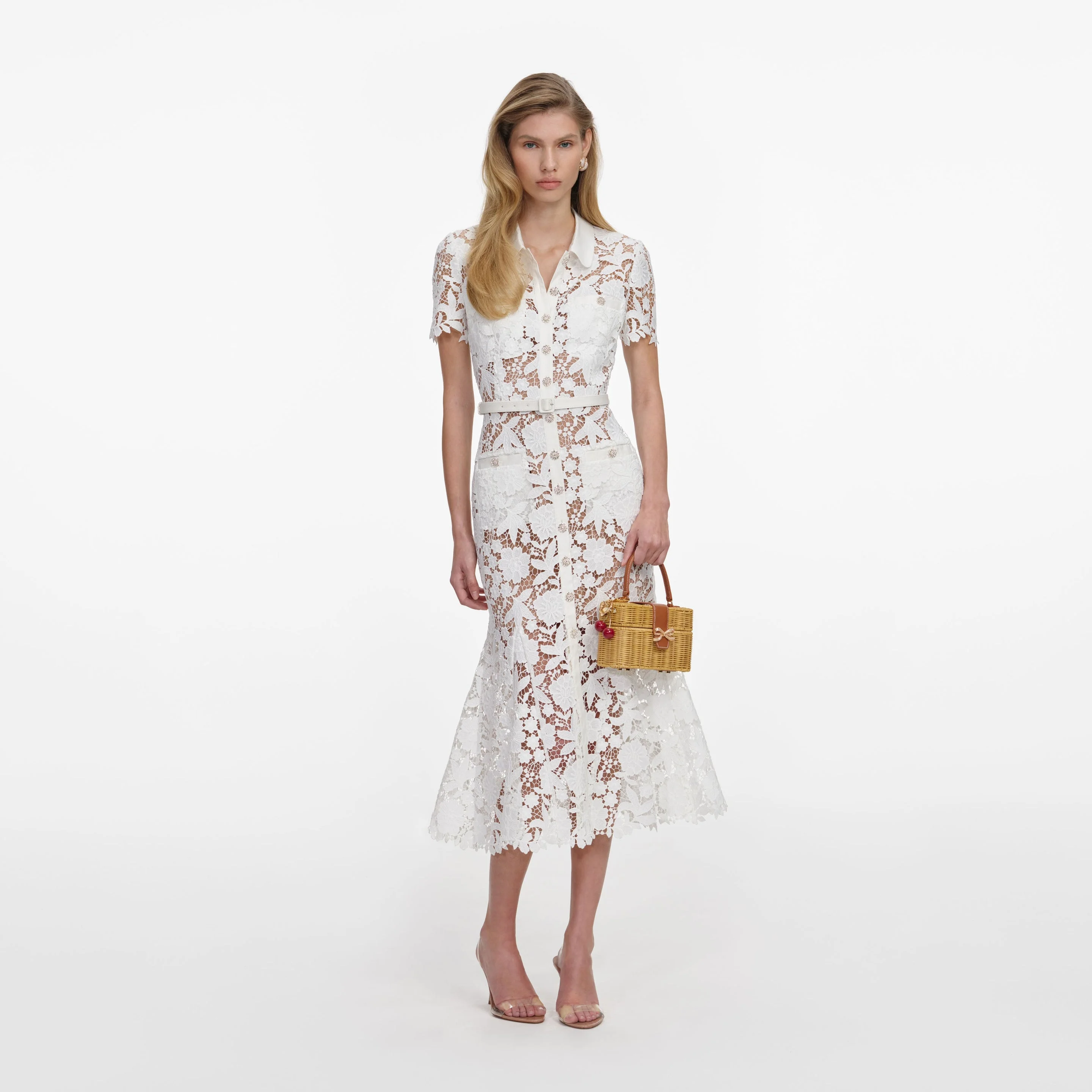 White Lace Collared Midi Dress - 1