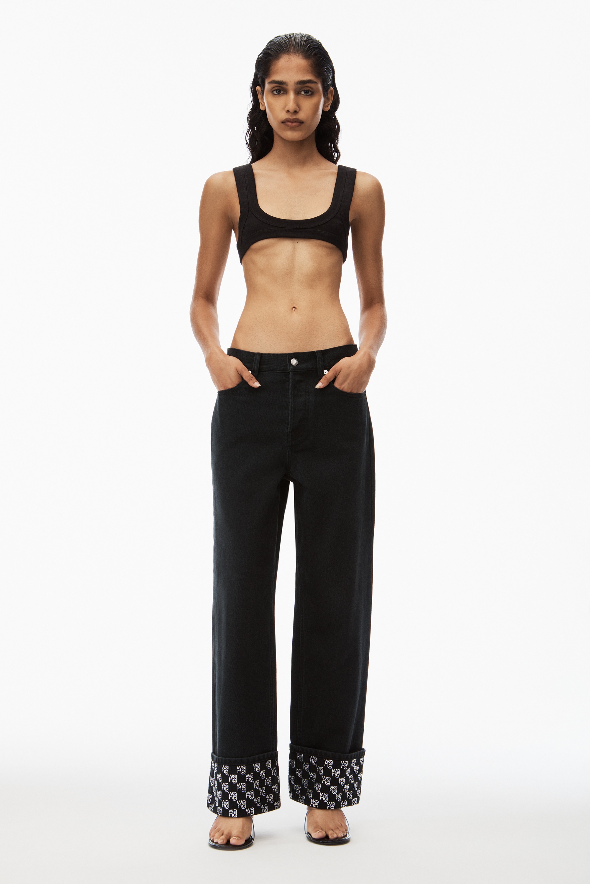 crystal hotfix cuff straight jean in denim - 2