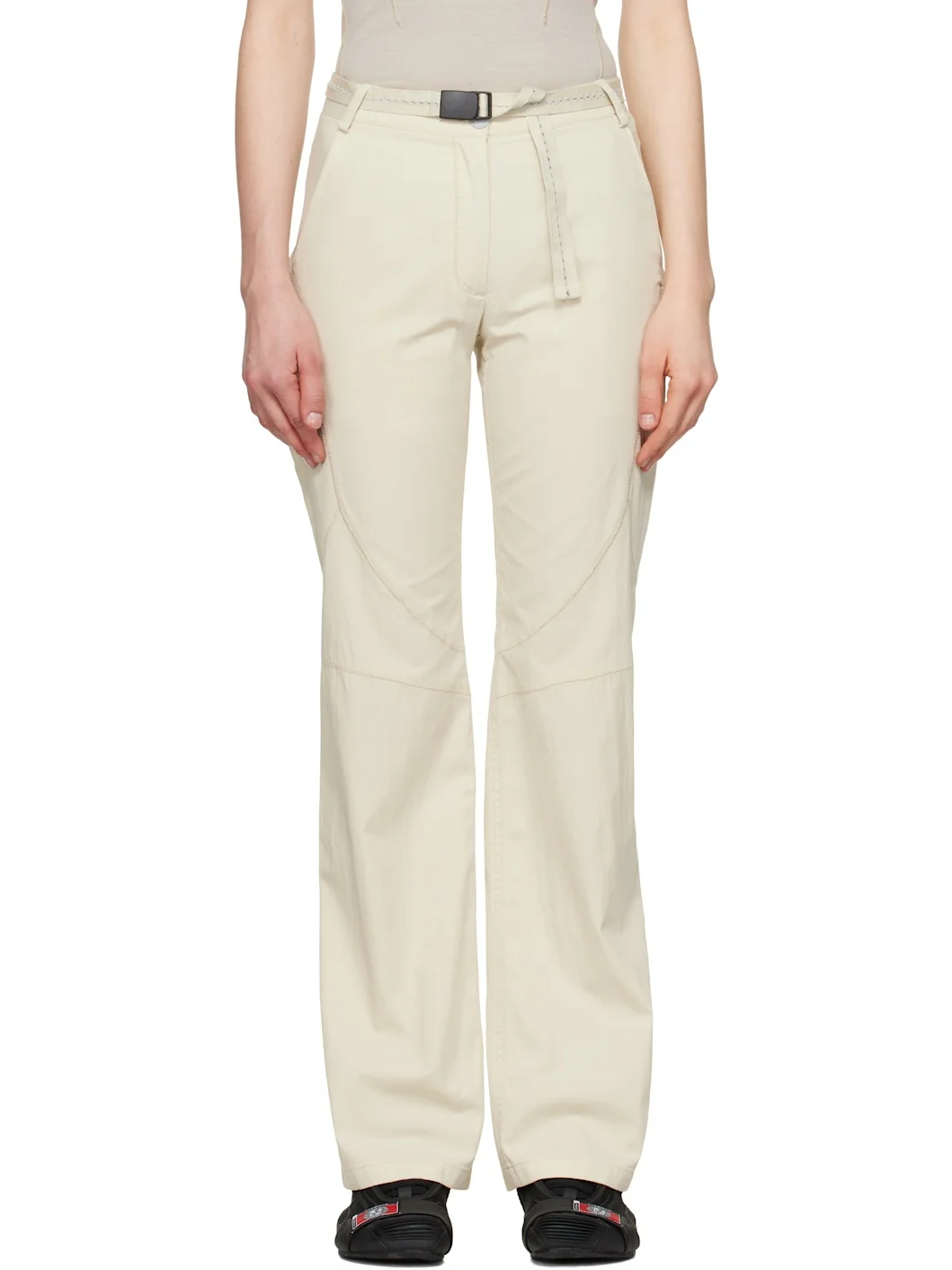 Beige Low-Rise Belted Trousers - 1