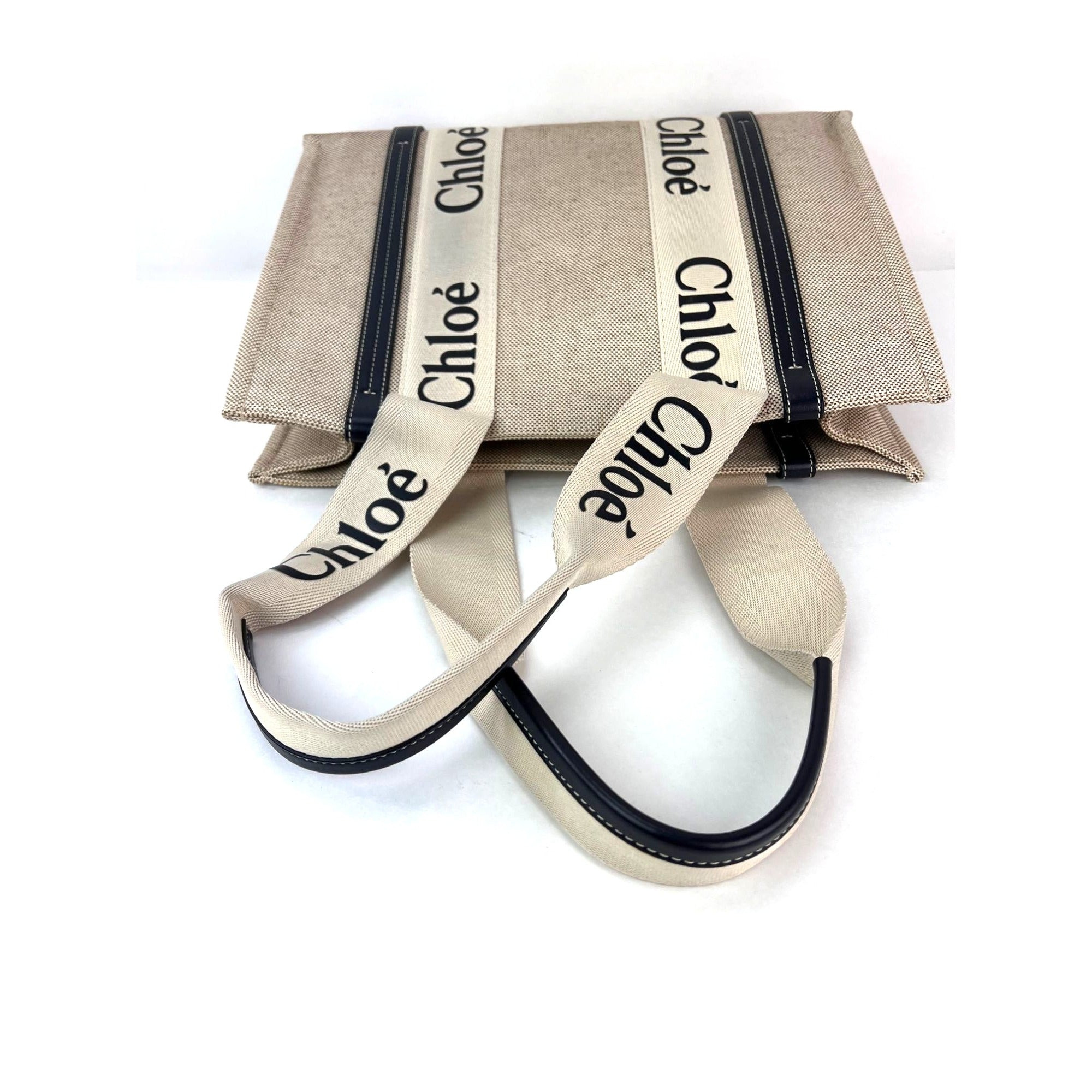 Chloe Woody Ribbon Medium Cotton Calfskin Beige Tote Bag - 10