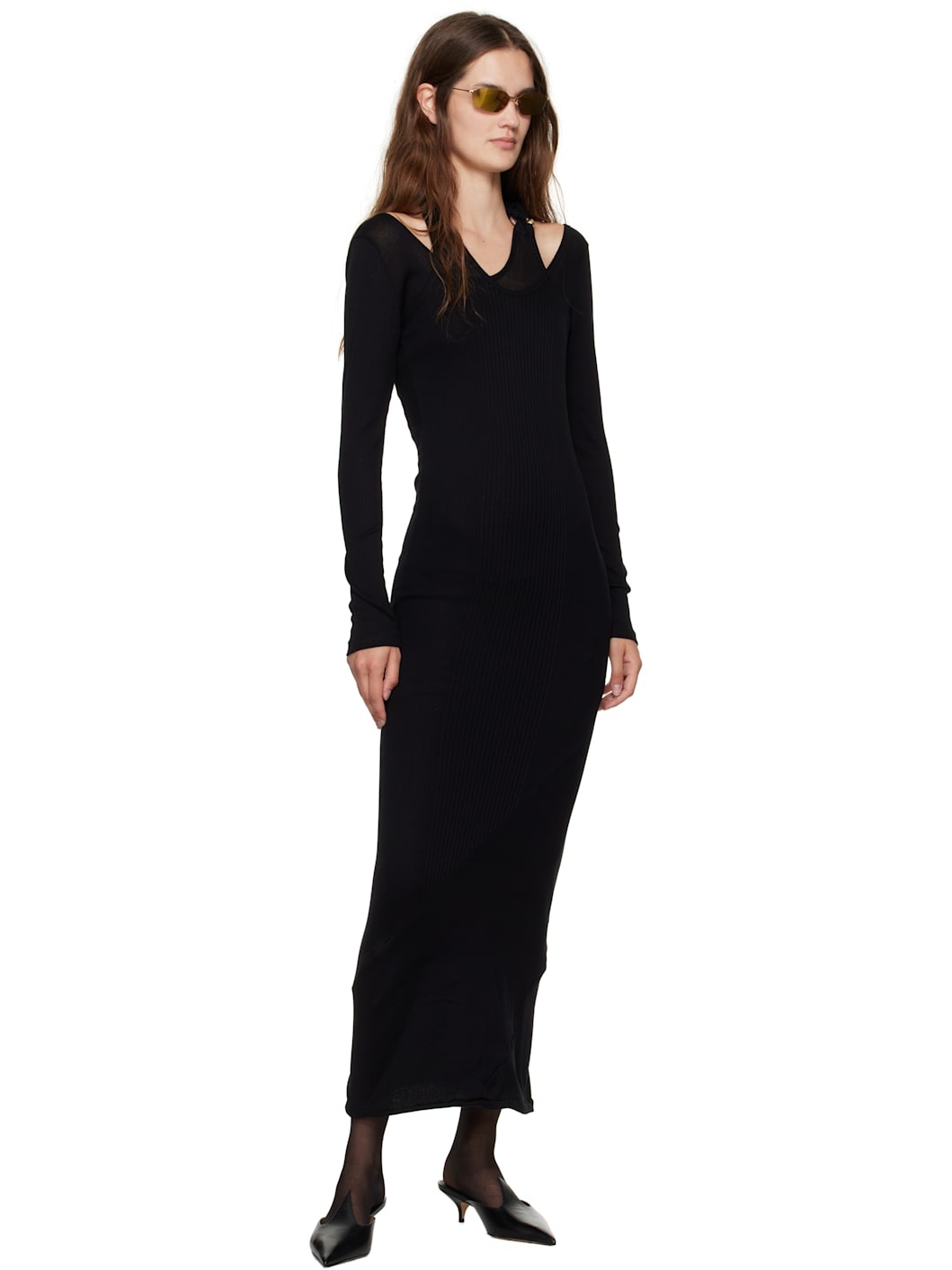 Black Ribbed Twisted Double Layer Piercing Midi Dress - 4