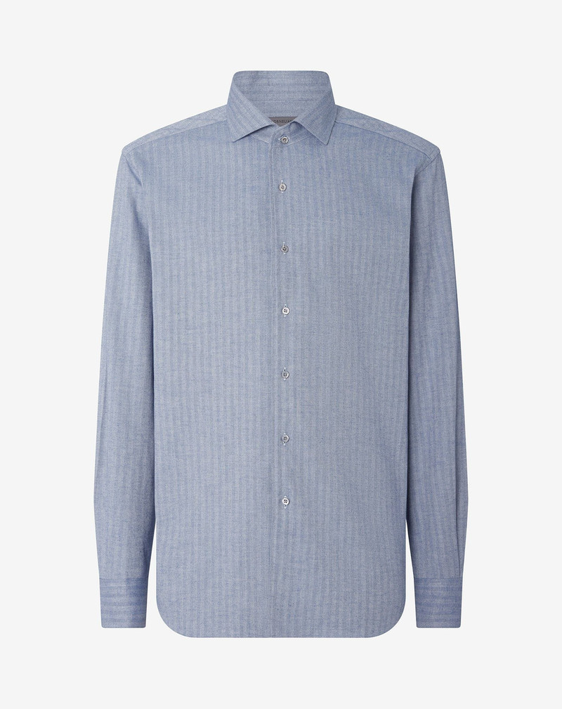 Blue and beige cotton flannel shirt with herringbone pattern 1