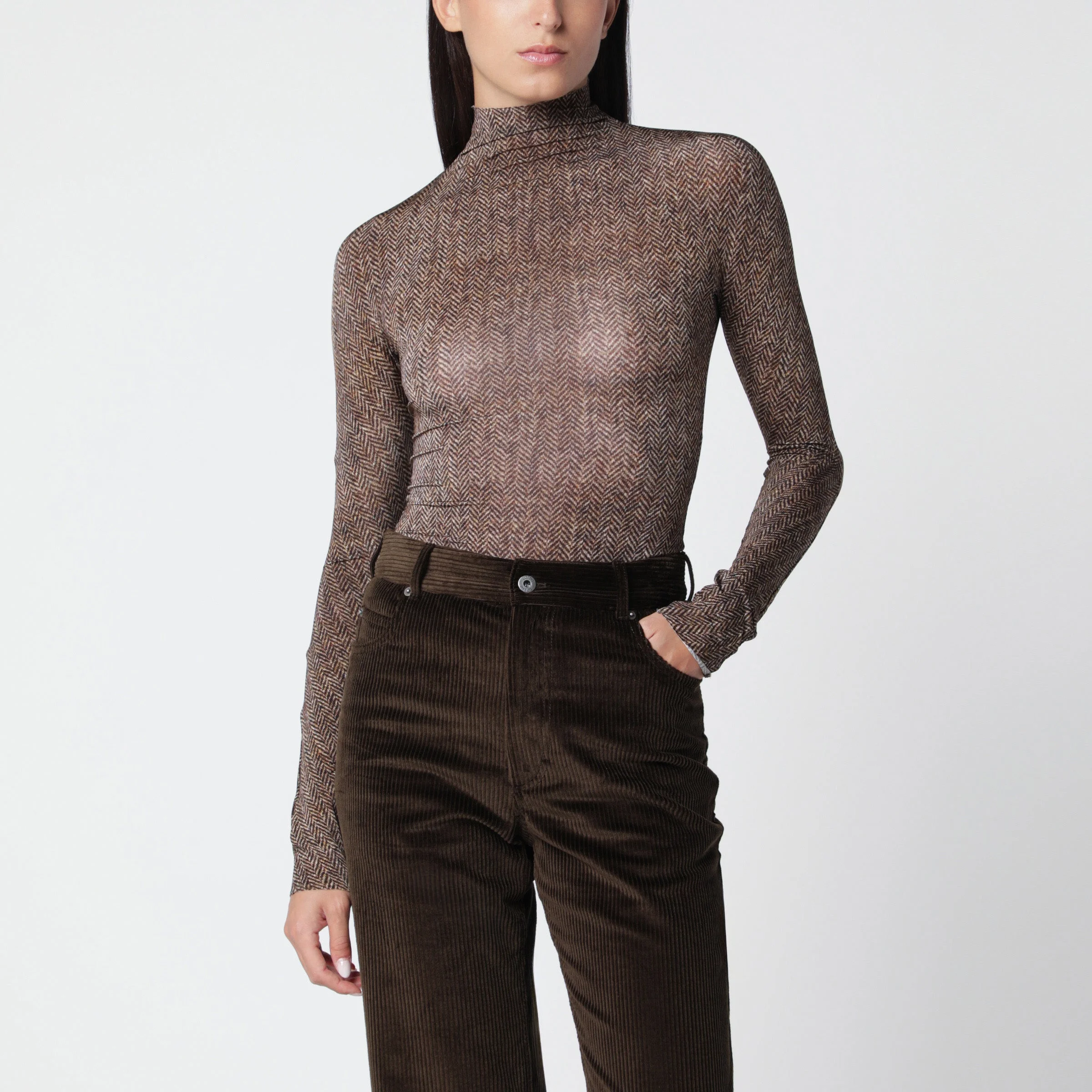 Brown turtleneck bodysuit with herringbone pattern - 1
