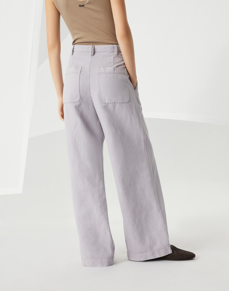 Brunello Cucinelli Garment-dyed cotton and linen cover smart wide trousers with monili outlook