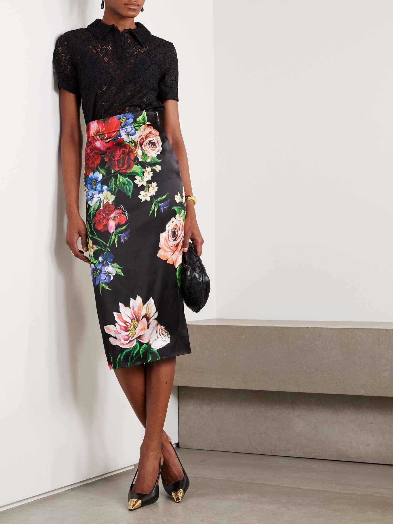 Floral-print satin midi skirt Black - 2