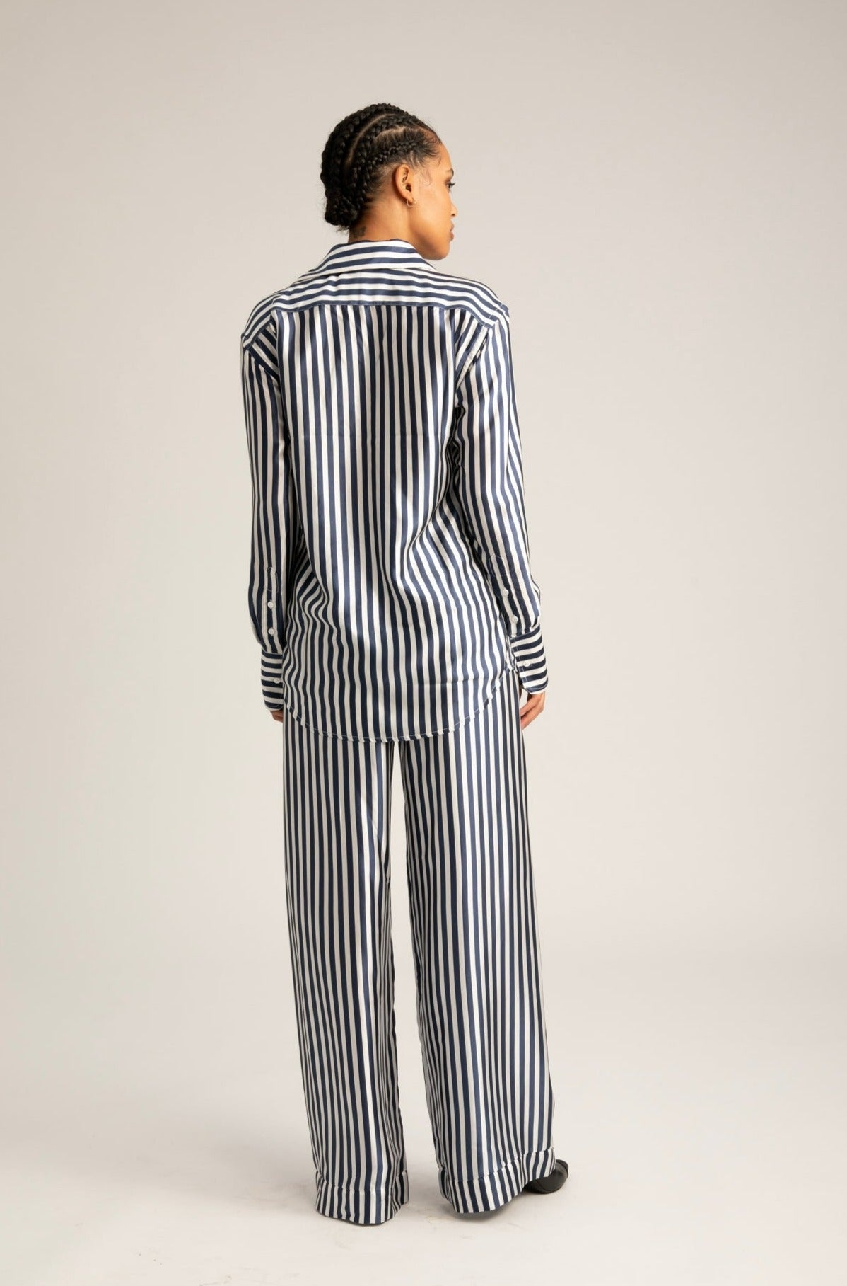 NAVY STRIPED SILK BUTTON DOWN - 4