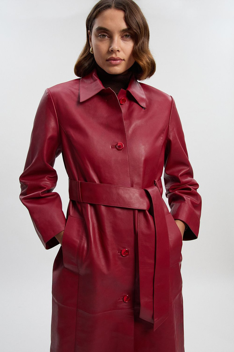 Leather Collared Belted Trench Coat 1