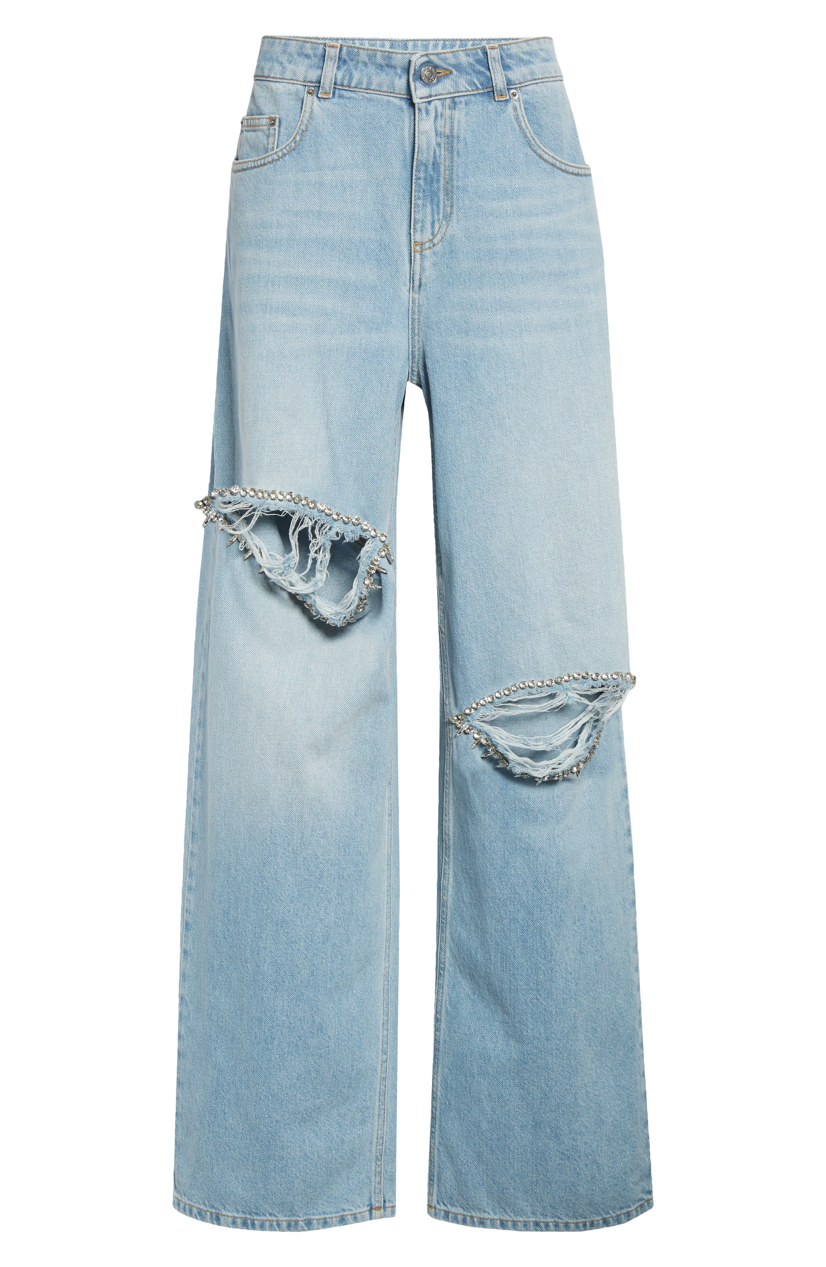 Area Distressed Crystal Trim Relaxed Slit Jeans in Medium Blue at Nordstrom - 6