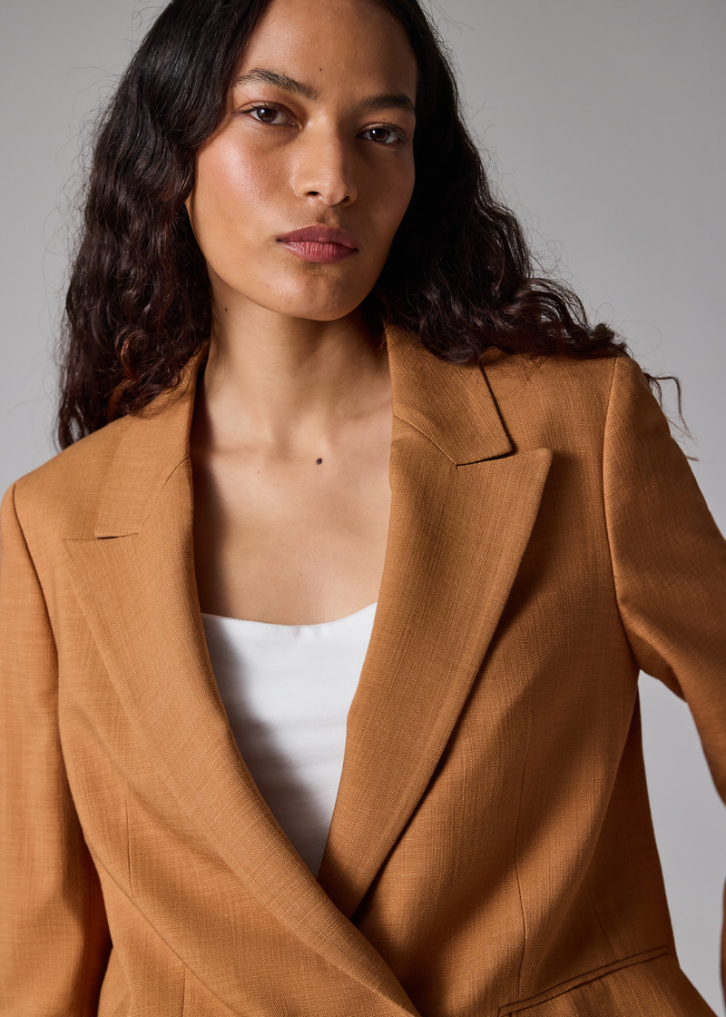 Women's Tan Textured Double-Breasted Blazer 7