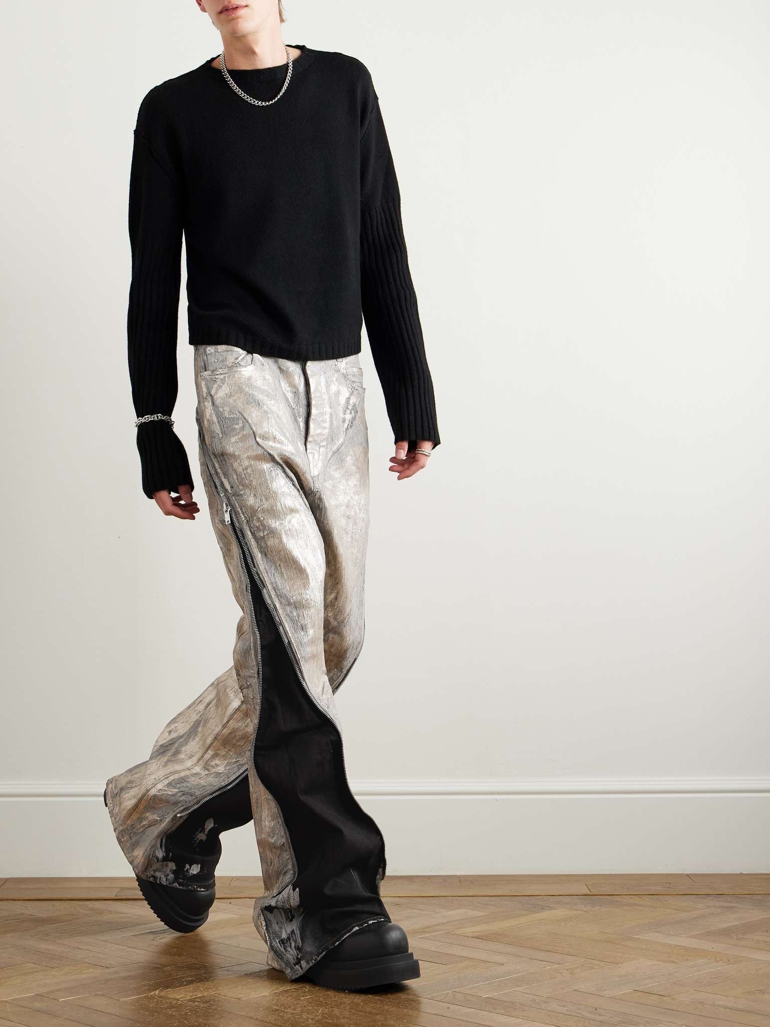 Bolan Flared Zip-Embellished Distressed Metallic Jeans - 2