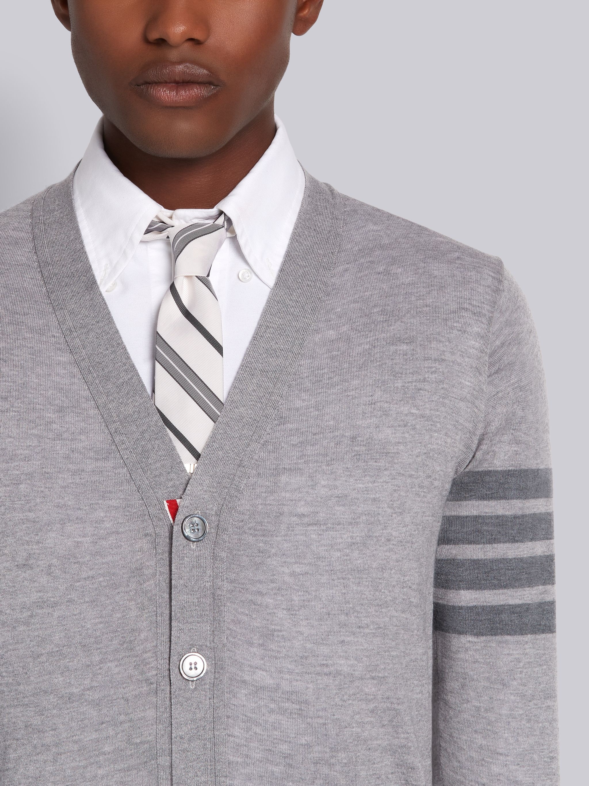 Light Grey Sustainable Fine Merino Wool Center Back Stripe Classic V-neck Cardigan - 5