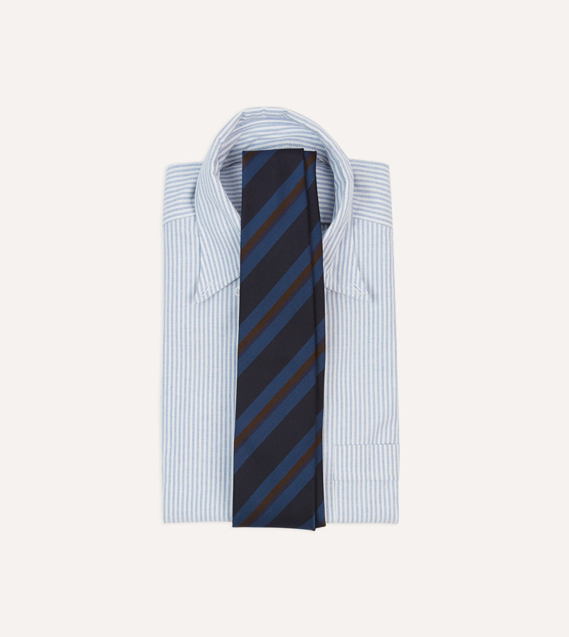 Drake's Navy and Brown Stripe Mogador Wool Cotton Tipped Tie outlook