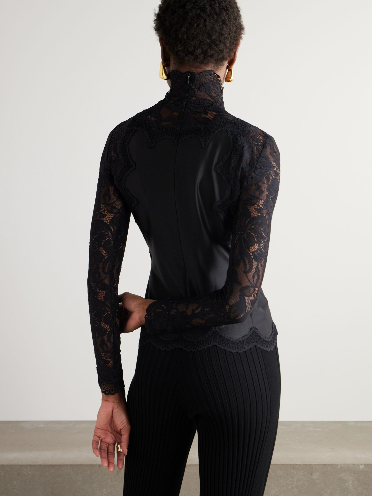 Lace and satin turtleneck top Black - 4