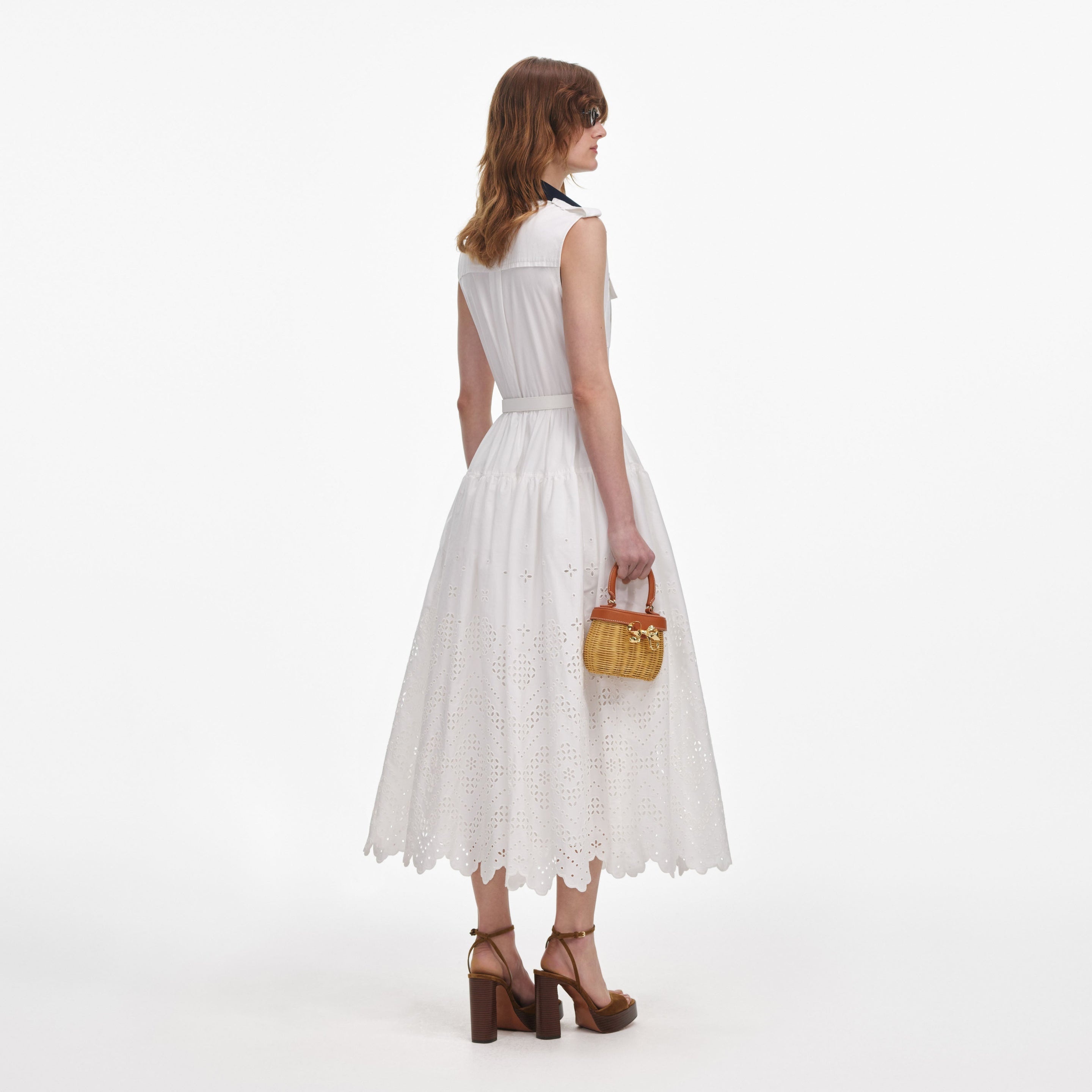 White Contrast Collar Broderie Midi Dress - 3