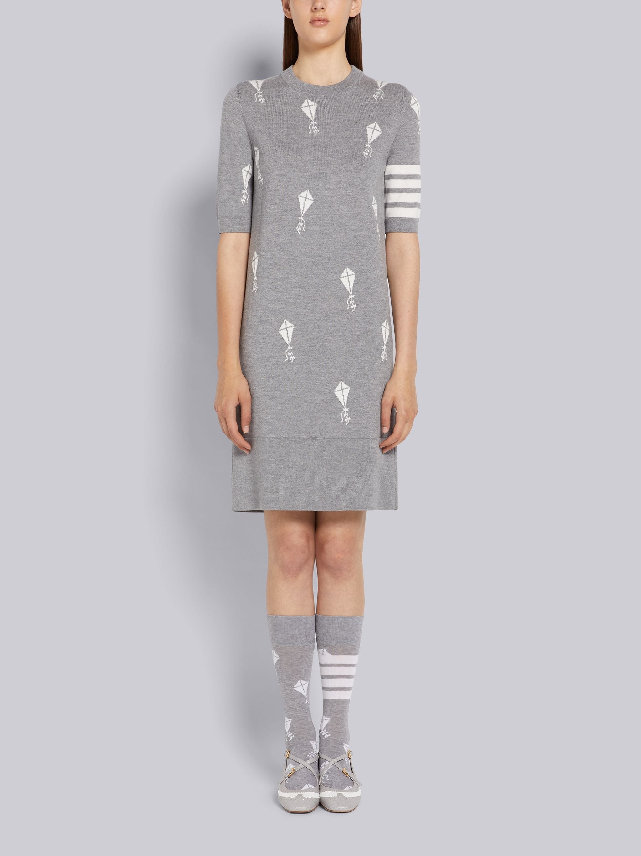 Light Grey Fine Merino Wool 4-Bar Half Drop Sky Icon Short Sleeve Dress - 1