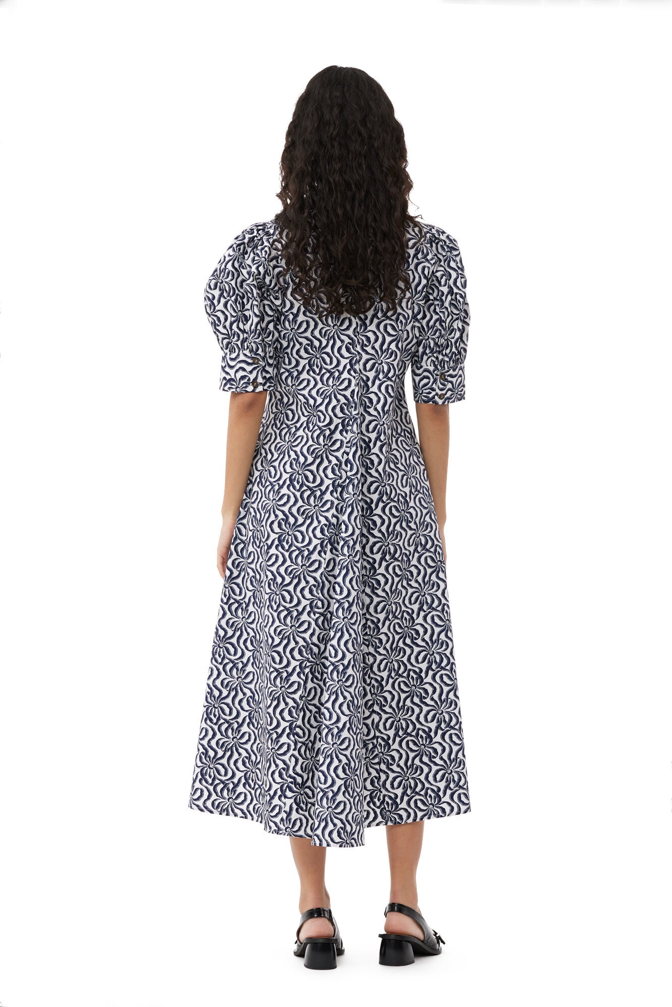 PRINTED COTTON POPLIN V-NECK LONG DRESS - 4