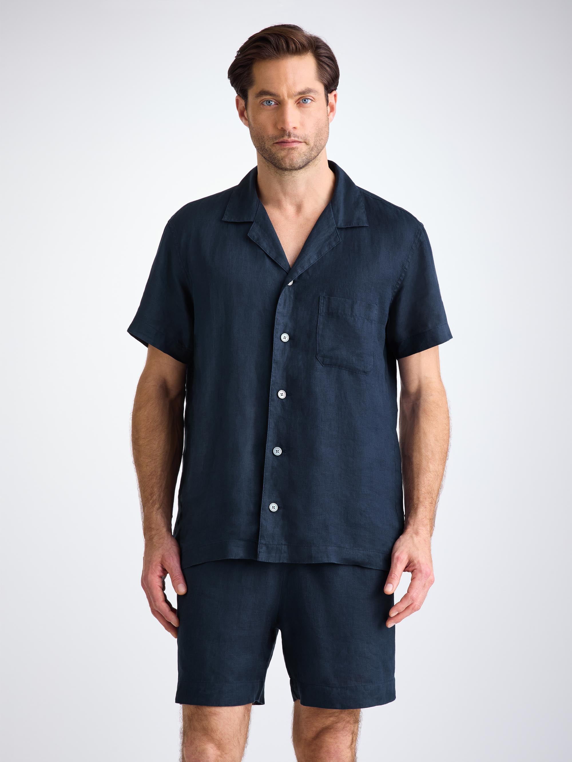 Men's Short Pajamas Sicily Linen Navy - 7