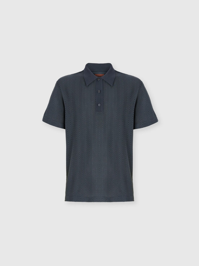 Cotton and viscose polo shirt with tone-on-tone zigzag 1