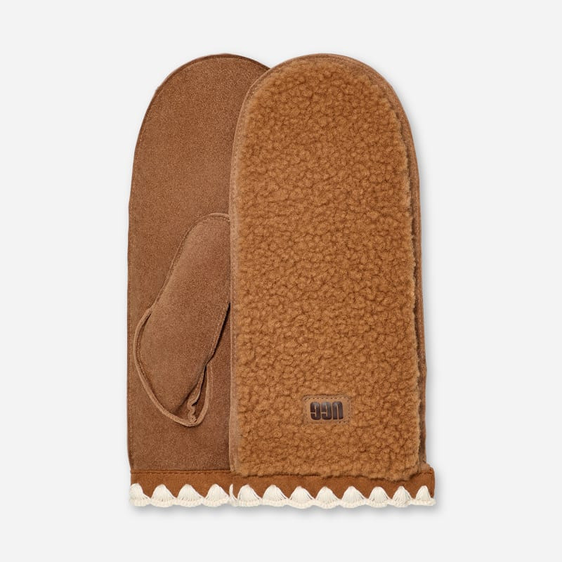 ® Women's ®fluff Scalloped Mitten Leather/Fleece in Chestnut 1