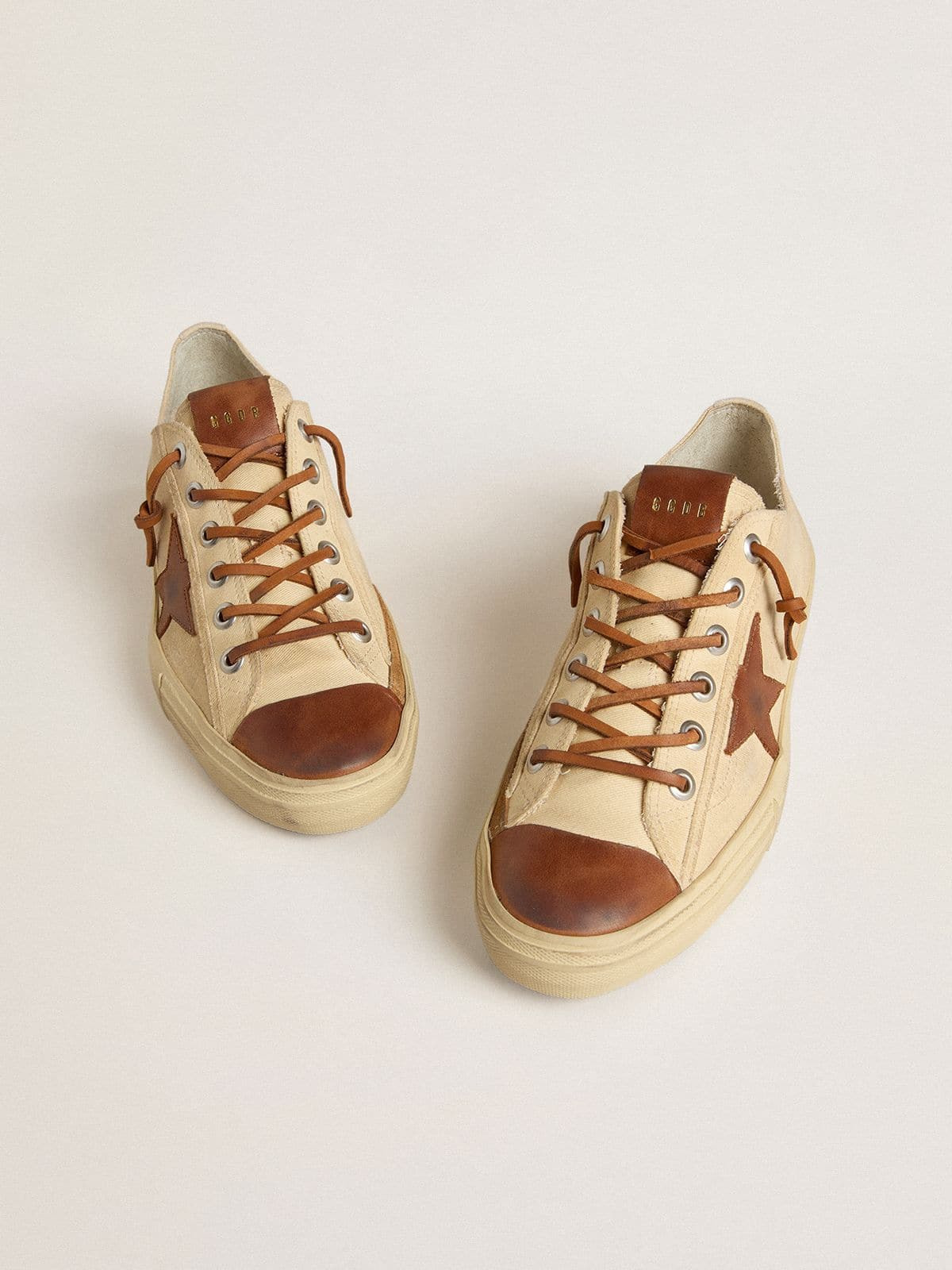 Men's V-Star in cream canvas with tobacco leather star - 2