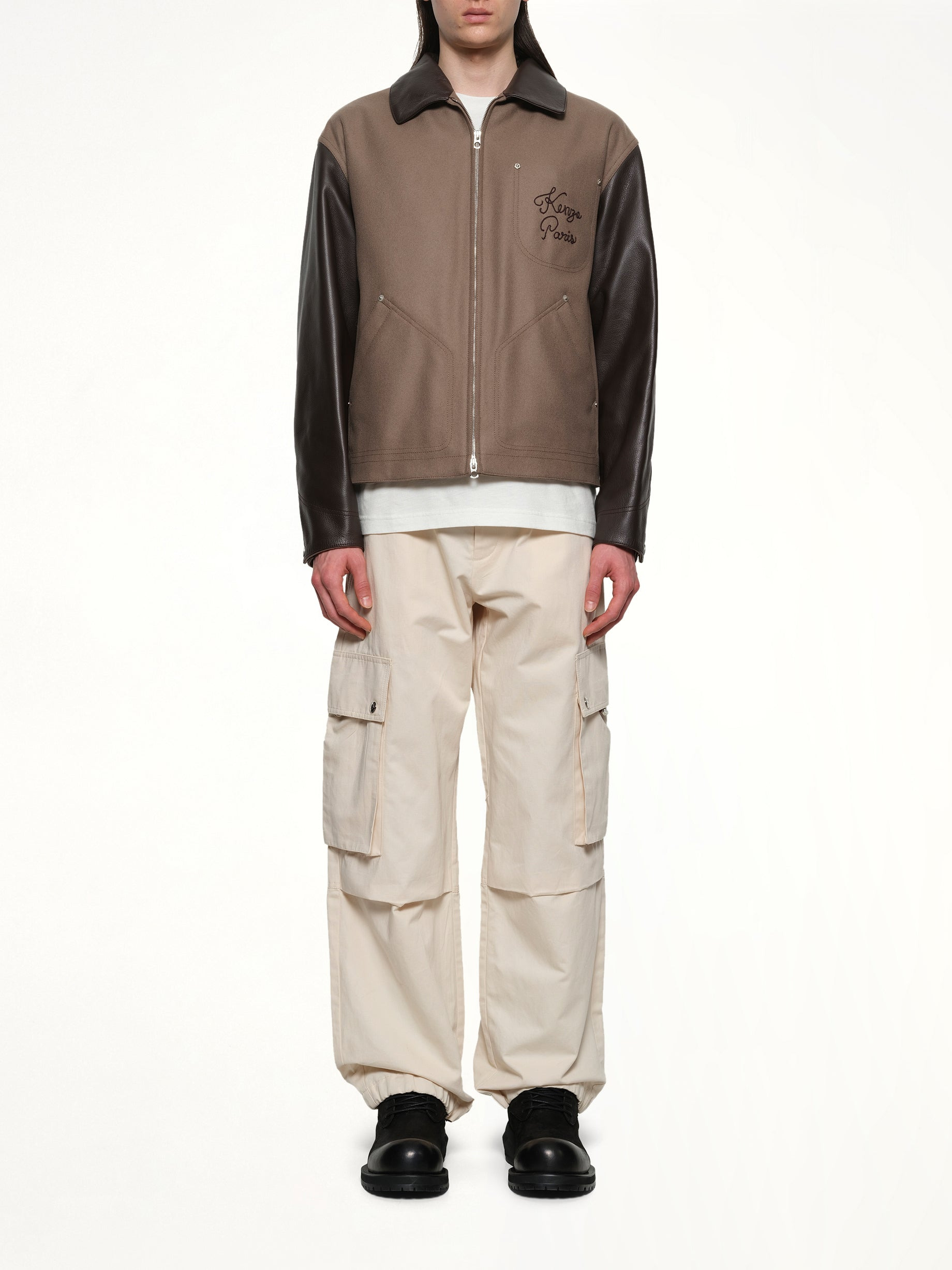 Kenzo Paris Chainstitch Leather Wool Blouson in Taupe - 7