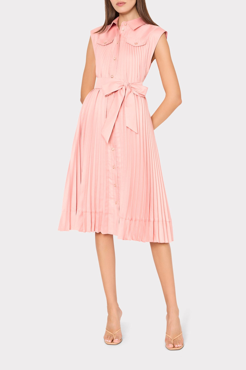 MILLY Johanna Pleated Twill Midi Dress outlook